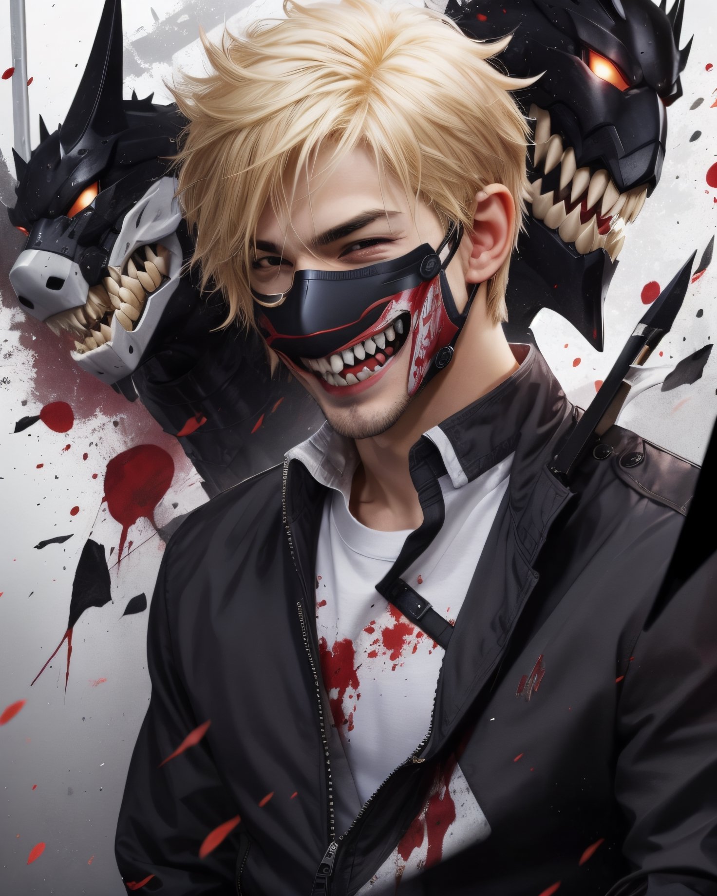 rating:safe,  teeth,  male_focus,  blood,  short_hair,  looking_at_viewer,  1boy,  black_jacket,  long_sleeves,  jacket,  fushiguro_megumi,  spiked_hair,  sharp_teeth,  mask,  grin,  smile,  clenched_teeth,  solo,  upper_body,  extra_eyes,  shirt,  blonde_hair,  bangs