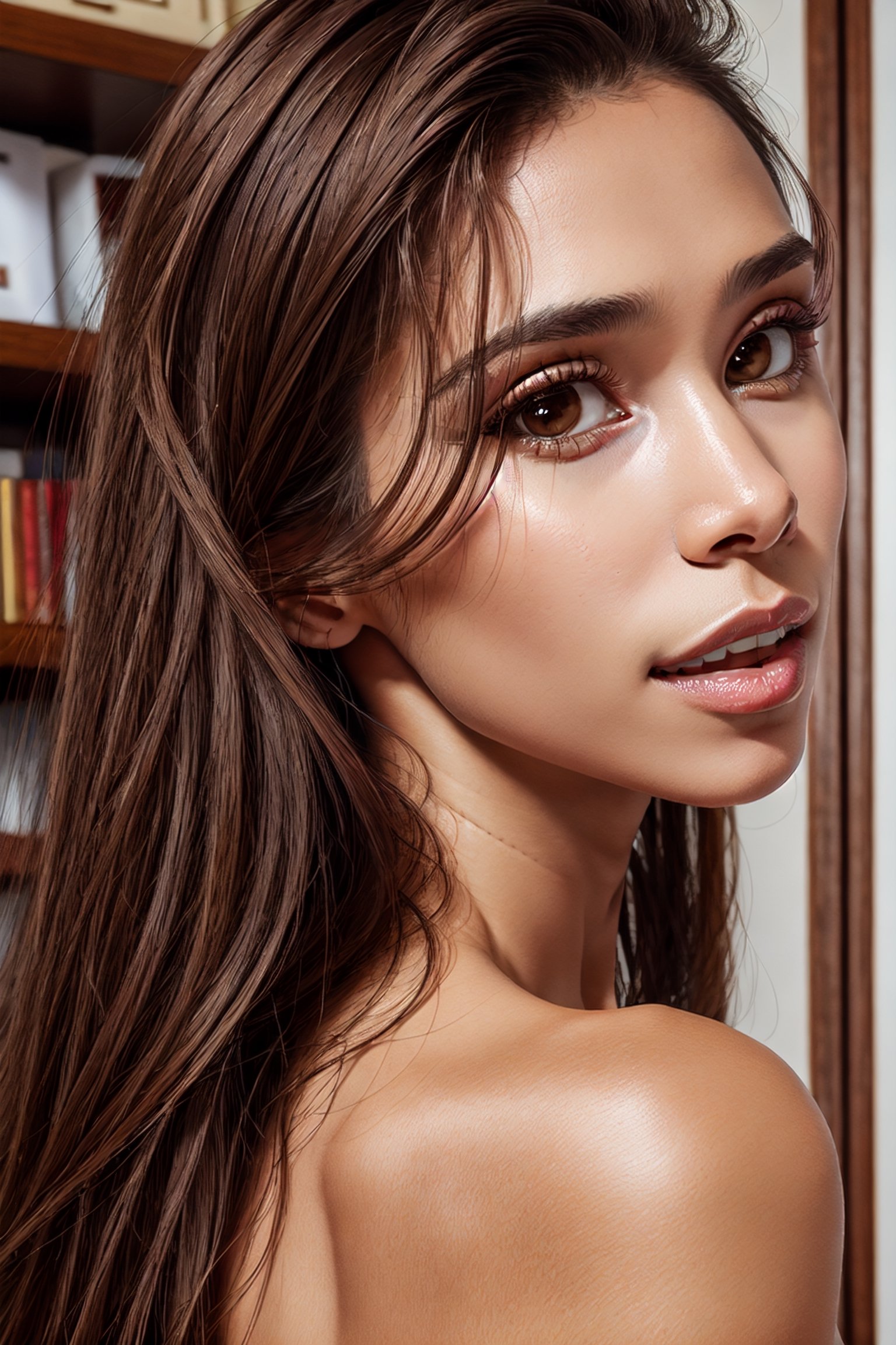 best quality, ultra high res, (photorealistic:1.4), masterpiece, liona, brown skin color, brown_eyes, from_behind, hair_over_one_eye, lips, long_hair, make up, looking_at_viewer, realistic, solo, teeth, upper_body,liona ,liona