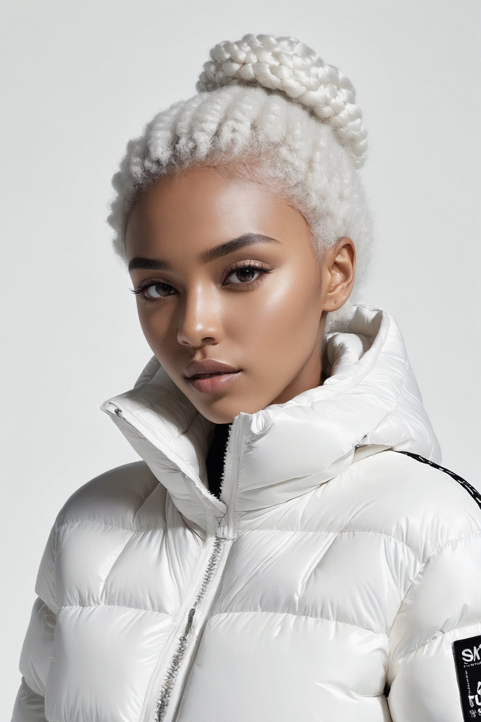 beautifull afro 26 y. o WOMAN, model, white hair in milky adidas winter puffer jacket, design trend, design by kanye west, on a white background, octane, 4K, intricate and detailed texture,