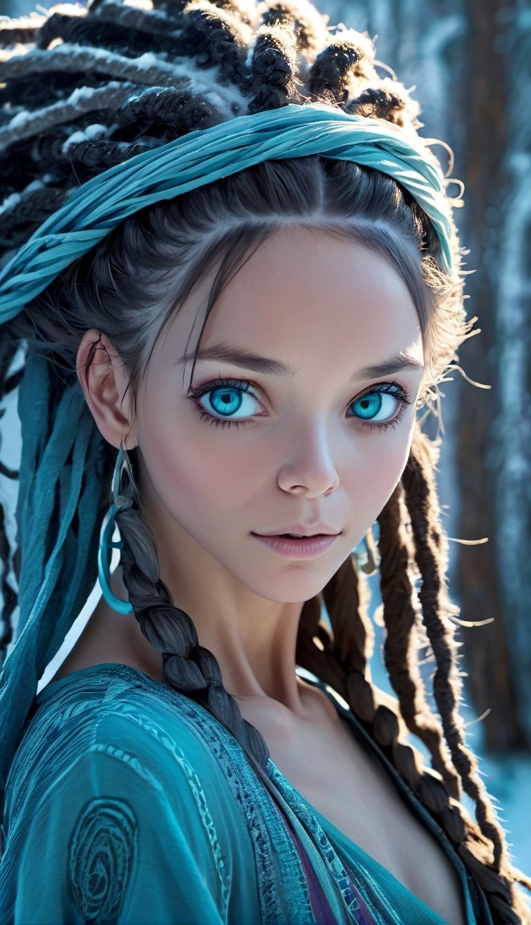 (best quality:1.3),masterpiece,beautiful detailed glow,textile shading,absurdres,highres,dynamic lighting,intricate detailed,beautiful eyes,(liona-xl, solo:1.5),(pov),Dreadlocks, indigo hair, turquoise eyes, free-spirited, bohemian dress,(backlighting),(face lighting),(looking of viewer),(Winter)