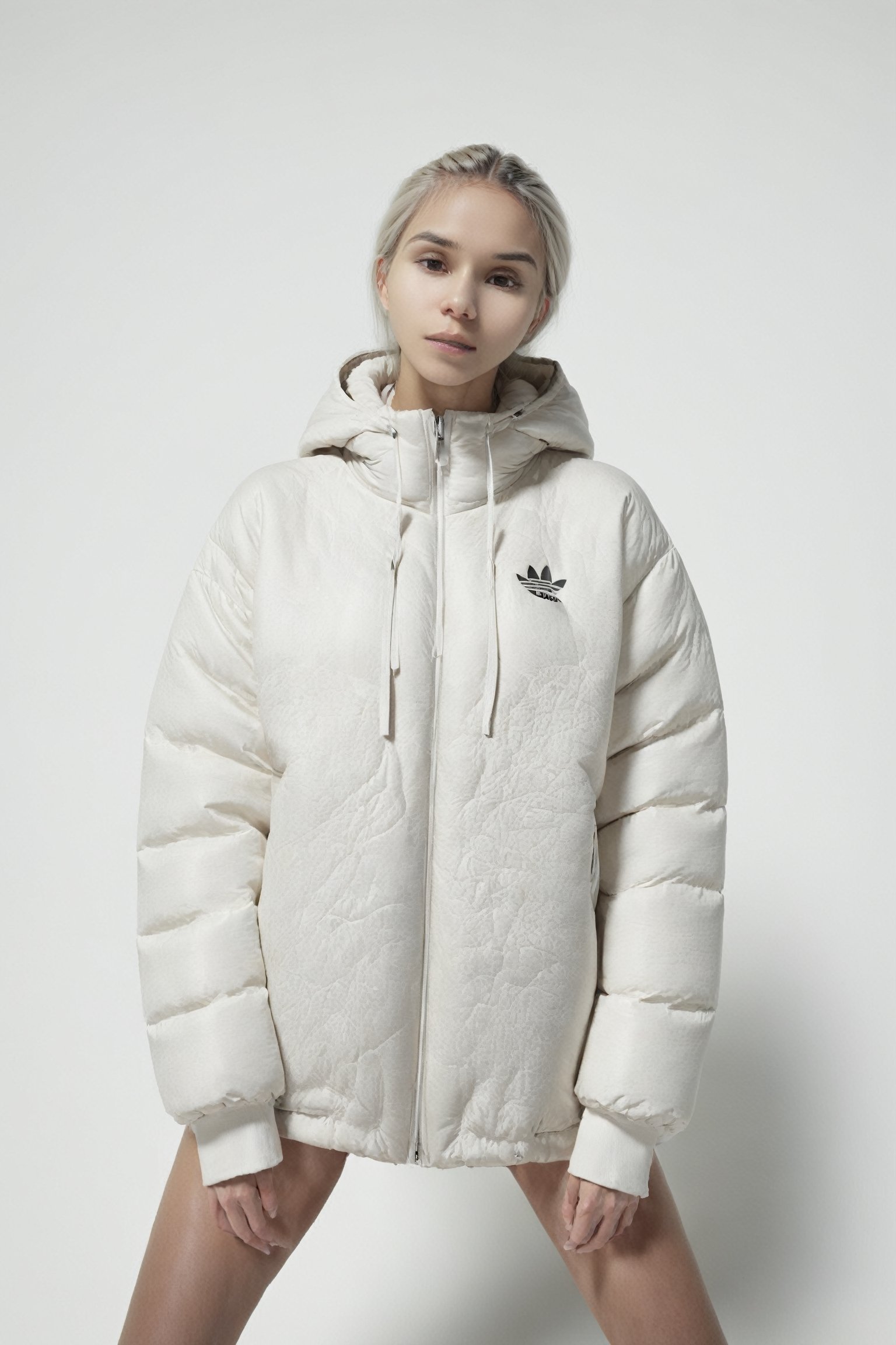 beautifull afro 26 y. o WOMAN, model, white hair in milky adidas winter puffer jacket, design trend, design by kanye west, on a white background, octane, 4K, intricate and detailed texture,