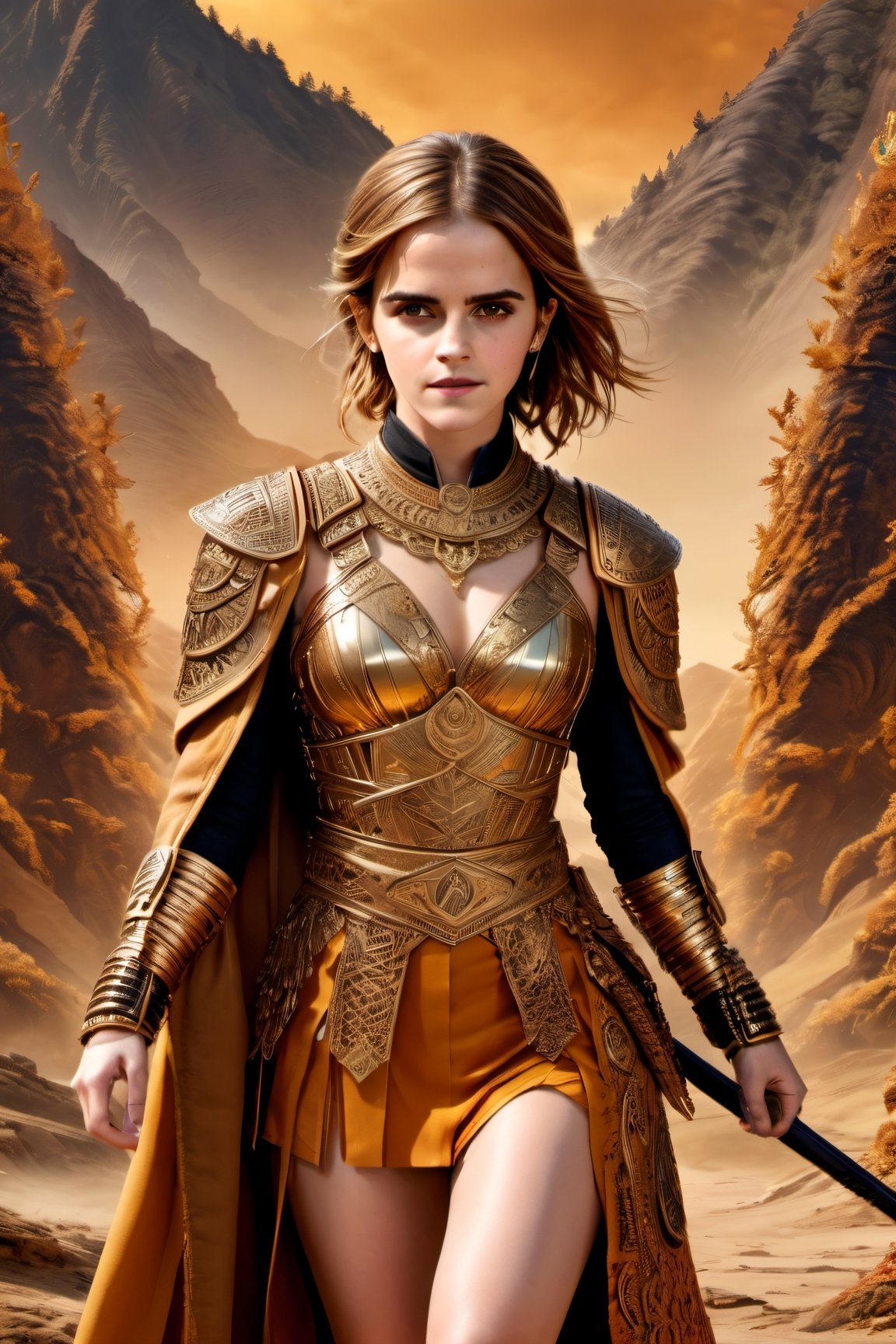 Photo of a beautiful female emma watson wearing intricate warrior's outfit walking sid by side, mountains scene, amber glow, hyperdetailed face, hyperdetailed eyes, fantastical, UHD, gold and broze elements, 50mm digital photograph , sharp focus on face, colorful rendition