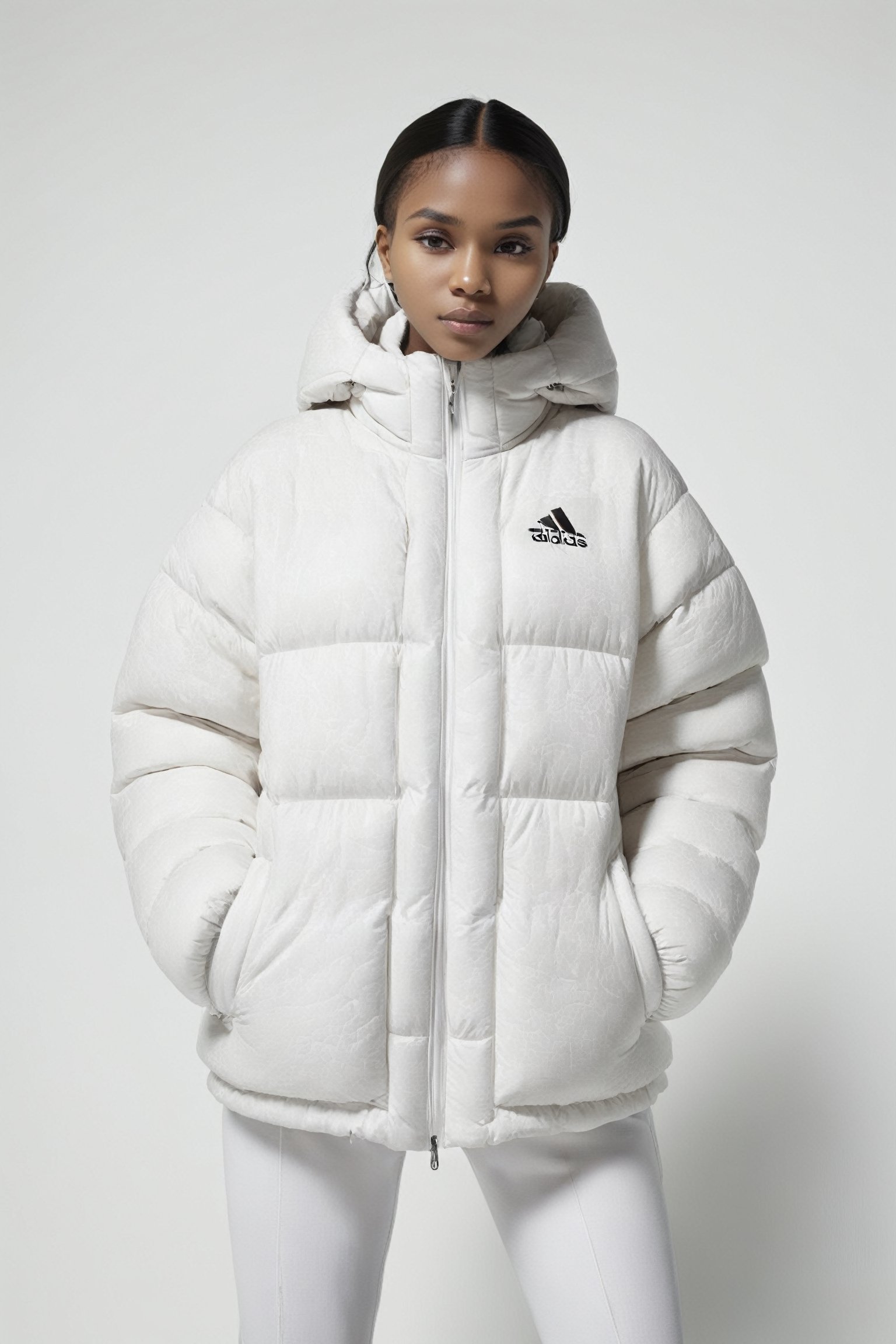 beautifull afro 26 y. o WOMAN, model, white hair in milky adidas winter puffer jacket, design trend, design by kanye west, on a white background, octane, 4K, intricate and detailed texture,