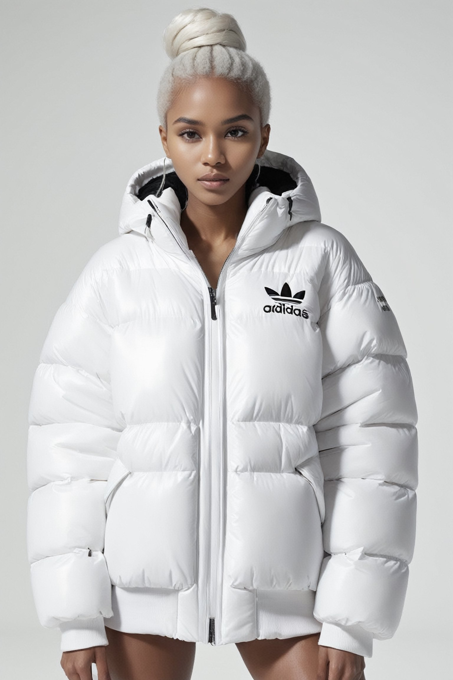 beautifull afro 26 y. o WOMAN, model, white hair in milky adidas winter puffer jacket, design trend, design by kanye west, on a white background, octane, 4K, intricate and detailed texture,