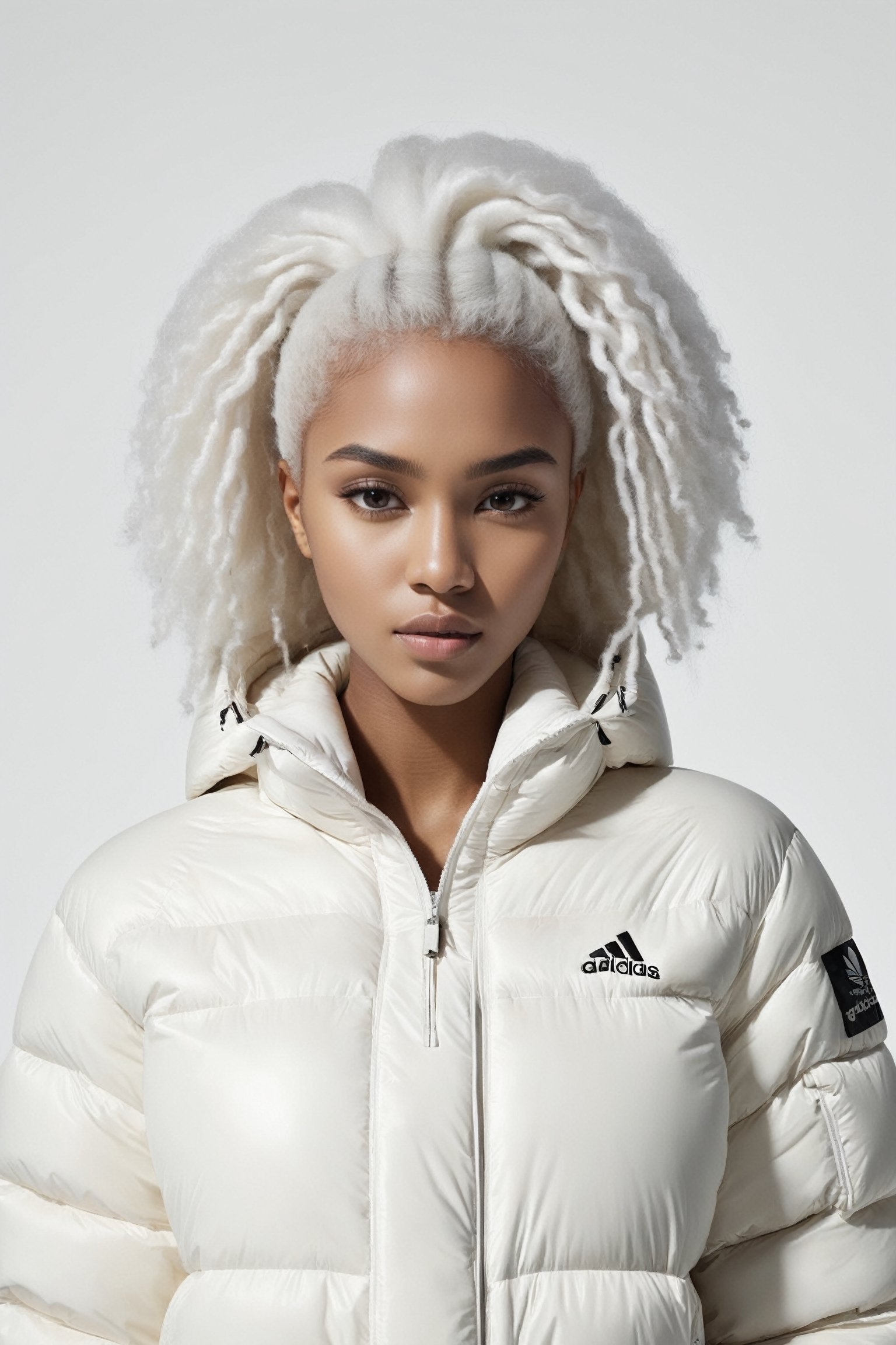 beautifull afro 26 y. o WOMAN, model, white hair in milky adidas winter puffer jacket, design trend, design by kanye west, on a white background, octane, 4K, intricate and detailed texture,