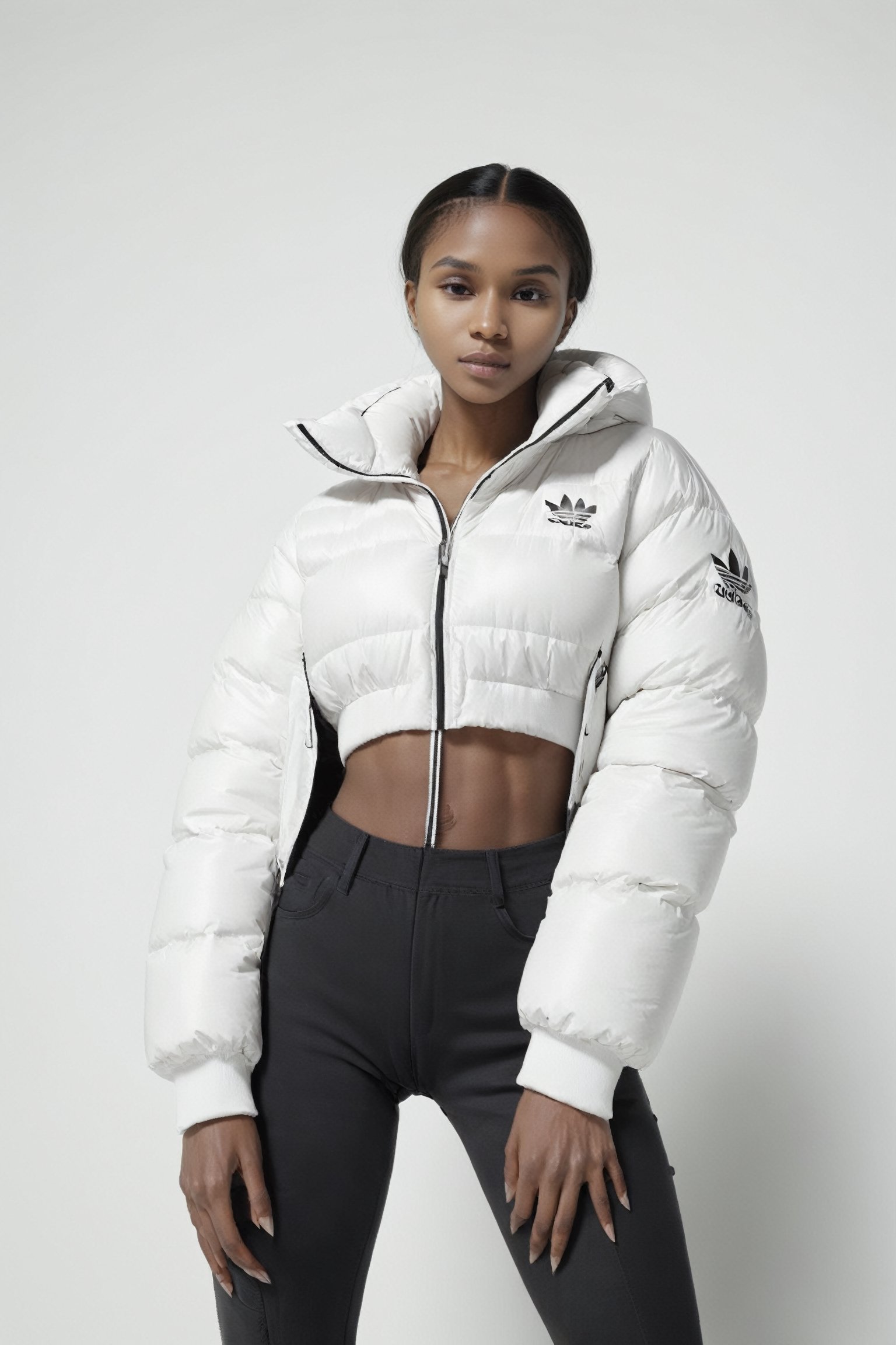 beautifull afro 26 y. o WOMAN, model, white hair in milky adidas winter puffer jacket, design trend, design by kanye west, on a white background, octane, 4K, intricate and detailed texture,