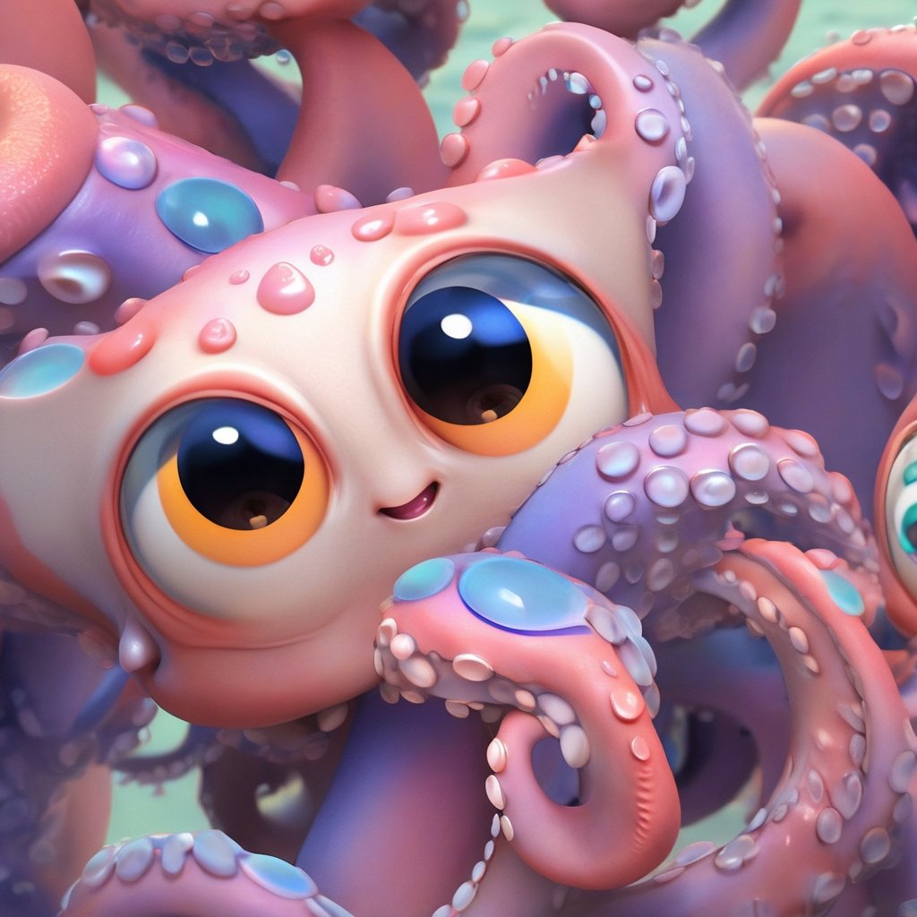 Matrix background, cute baby octopus with ten tentacles, pixar, disney, eye contact, masterpiece,  extremely best quality,  official art,  cg 8k wallpaper,  (Fantasy Style:1.1),  (artistic atmosphere:1.2), pixiv 10000 users,  highly detailed,  pixiv, incredibly detailed, (best quality)