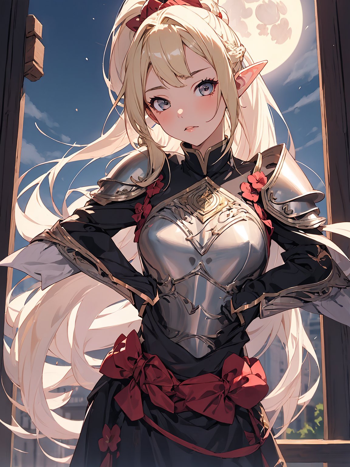 1girl,18 years old,beautiful elven girl,(((onmyouji))),(((suikan))),seductive armour, blond_hair, long_ponytail, one full moon