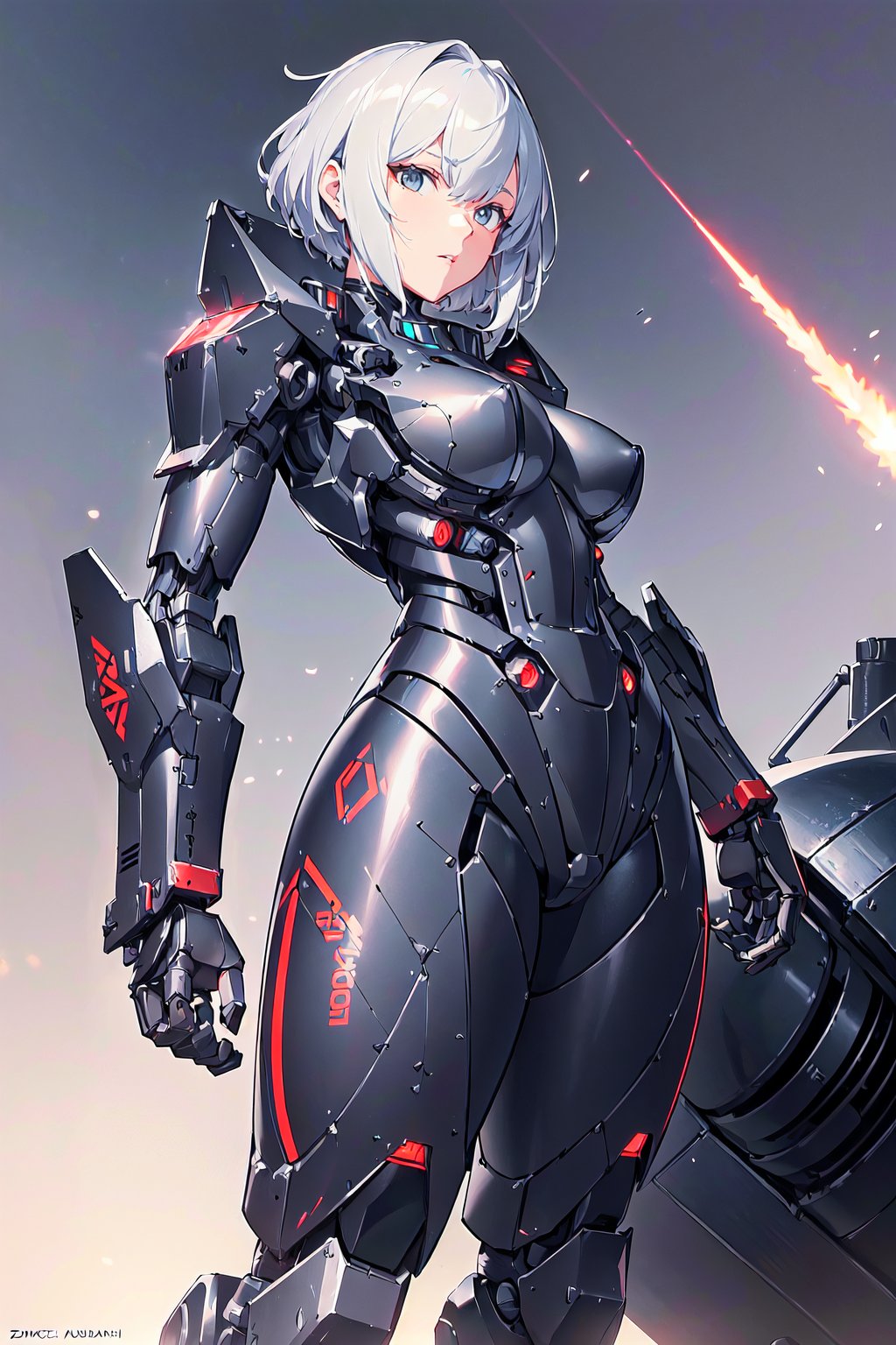 ((black, exoskeleton powered suit)), ((large caliber laser cannon in left hand)), ((heated red sword in right hand)), ((thick mechanical legs to support its own weight)), ((thick mechanical arms and hands to support weight of weapons)), ((pilot is man with short silver hair, more metal plates, ((pilot is bare))), pictorial humanoid mech, detailed humanoid, highly detailed cg society, detailed mech robot,, hard surface model, zubrash hard surface