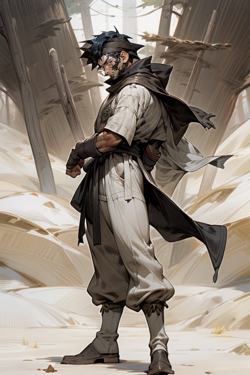 ((a man)), ((man with very short black hair)), ((black bandana)), ((desert warrior)), brown cape, white clothes, brown pants, long brown leather boots, ((full face visible)), 23 years old, ((no mask)), ((full body image)), ((slim fighter)), Ryu from Street Fighter 6, ((facing right)), forest in background