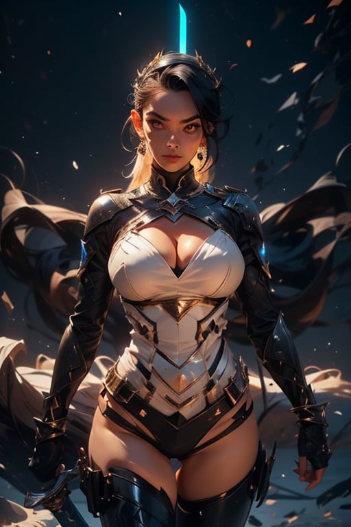 (((2 sisters standing next to each other in frame))), Valkyrie head gear, black knight warrior, (fantasy sword, holding sword), black hair, white hair, long hair with bangs, big breasts, cleavage cutout, ((perfect face)), barefoot, yellow_eyes, full lips, full_body,3DMM