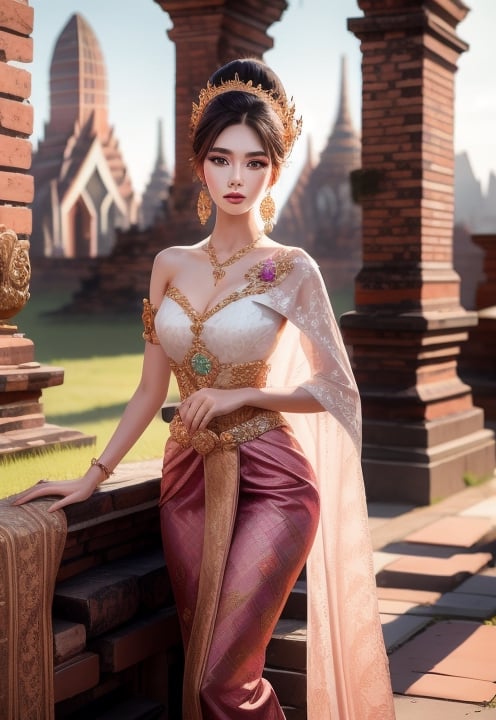  (((masterpiece))), (((best quality))), ((((extreme detailed costumes)))), 3D render, stunning 20 years old humanoid woman, perfect face, beautiful round eyes, full lip, wavy midum long hair, full body shot,  happy expression, high resolution, sharp focus, 8K , outdoor, natural light, garden surrounding blooming colorful rose background ,Thai SABAI Dress, Thai traditonal earrings, belt and necklect. 