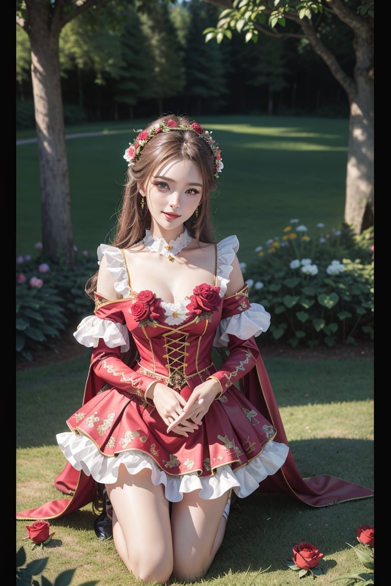  (((masterpiece))), (((best quality))), ((((extrem detailed costumes)))), 3D render, stunning woman, full body shot,  happy expression, high resolution, sharp focus, 8K , outdoor, natural light, garden surrounding blooming colorful rose background   