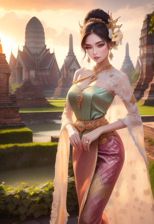  (((masterpiece))), (((best quality))), ((((extreme detailed costumes)))), 3D render, stunning woman, wavy midum long hair, full body shot,  happy expression, high resolution, sharp focus, 8K , outdoor, natural light, garden surrounding blooming colorful rose background ,Thai SABAI Dress, Thai traditonal earrings, belt and necklect. 