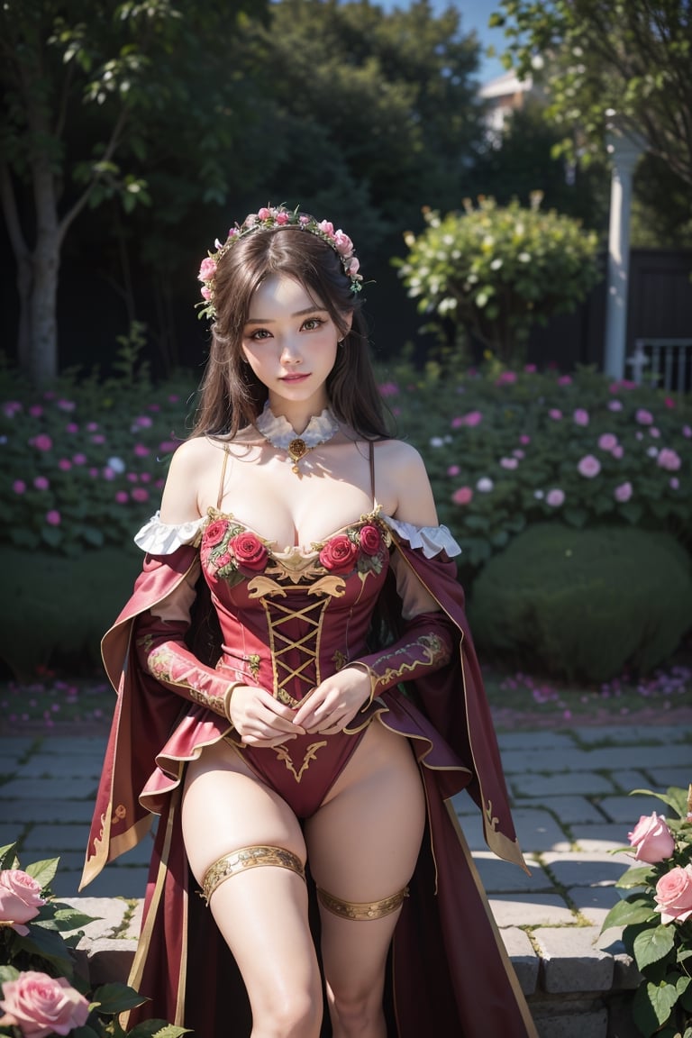  (((masterpiece))), (((best quality))), ((((extrem detailed costumes)))), 3D render, stunning woman, full body shot,  happy expression, high resolution, sharp focus, 8K , outdoor, natural light, garden surrounding blooming colorful rose background   