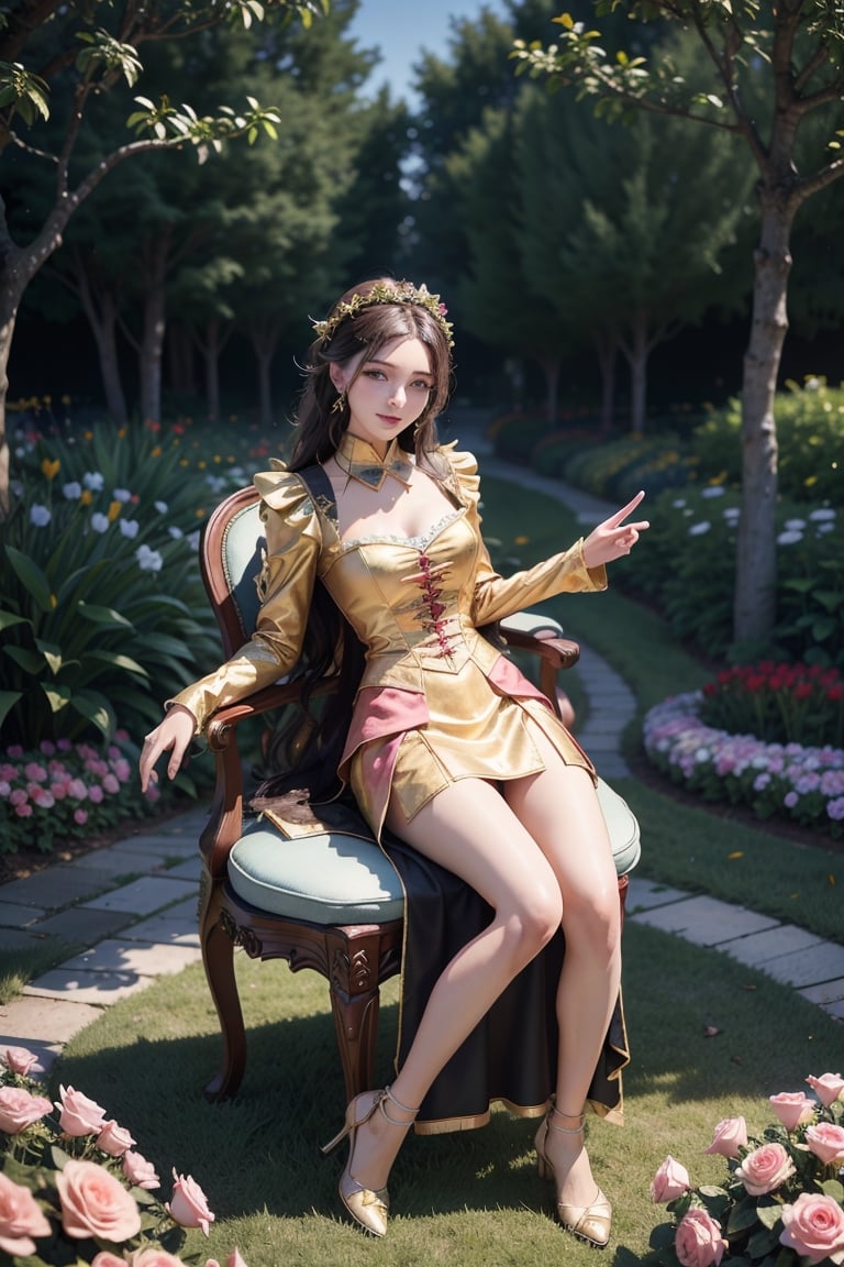  (((masterpiece))), (((best quality))), ((((extrem detailed costumes)))), 3D render, stunning woman, full body shot,  happy expression, high resolution, sharp focus, 8K , outdoor, natural light, garden surrounding blooming colorful rose background   