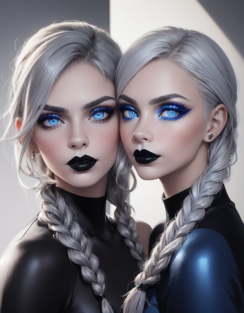 2girl, portrait, (cara delevingne:0.8), (1 girl silver hair, one braid, red lipstick, blue eyes), and (1 girl brunette, long hair,  black lipstick, blue eyes)
