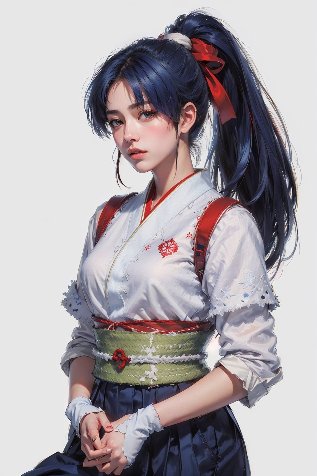 (masterpiece, top quality, best quality, official art, beautiful and aesthetic:1.2), (1girl:1.3), (fractal art:1.3),ponytail, hakama , (blue hakama skirt:1.3),japanese clothes,  headband,(white tabi:1.3),(white japanese socks:1.5),red belt, simple background, (Cinmatic:0.4) ,upper body, lora:kasumi-000009:0.8