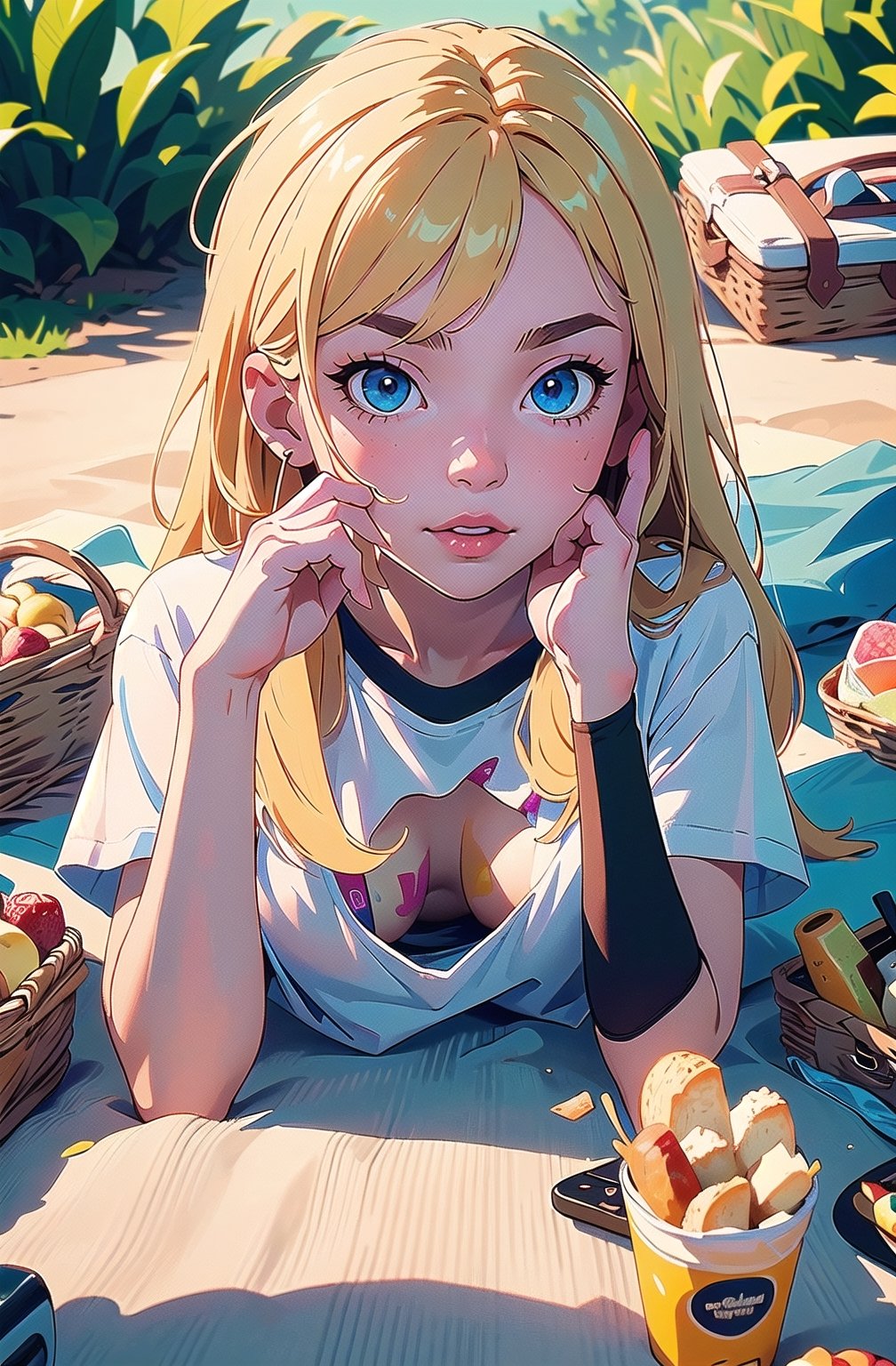 (masterpiece:1.3), (best quality:1.3), (hires, high resolution:1.3), 1girl, blonde, blue eyes, long hair, lying, on stomach, foreshortening, facing viewer, picnic, picnic basket, ass visible, downblouse, (white, loose t-shirt), leaning forward, selfie, hand on own face, 
lora:extendeddownblouse_v10:1