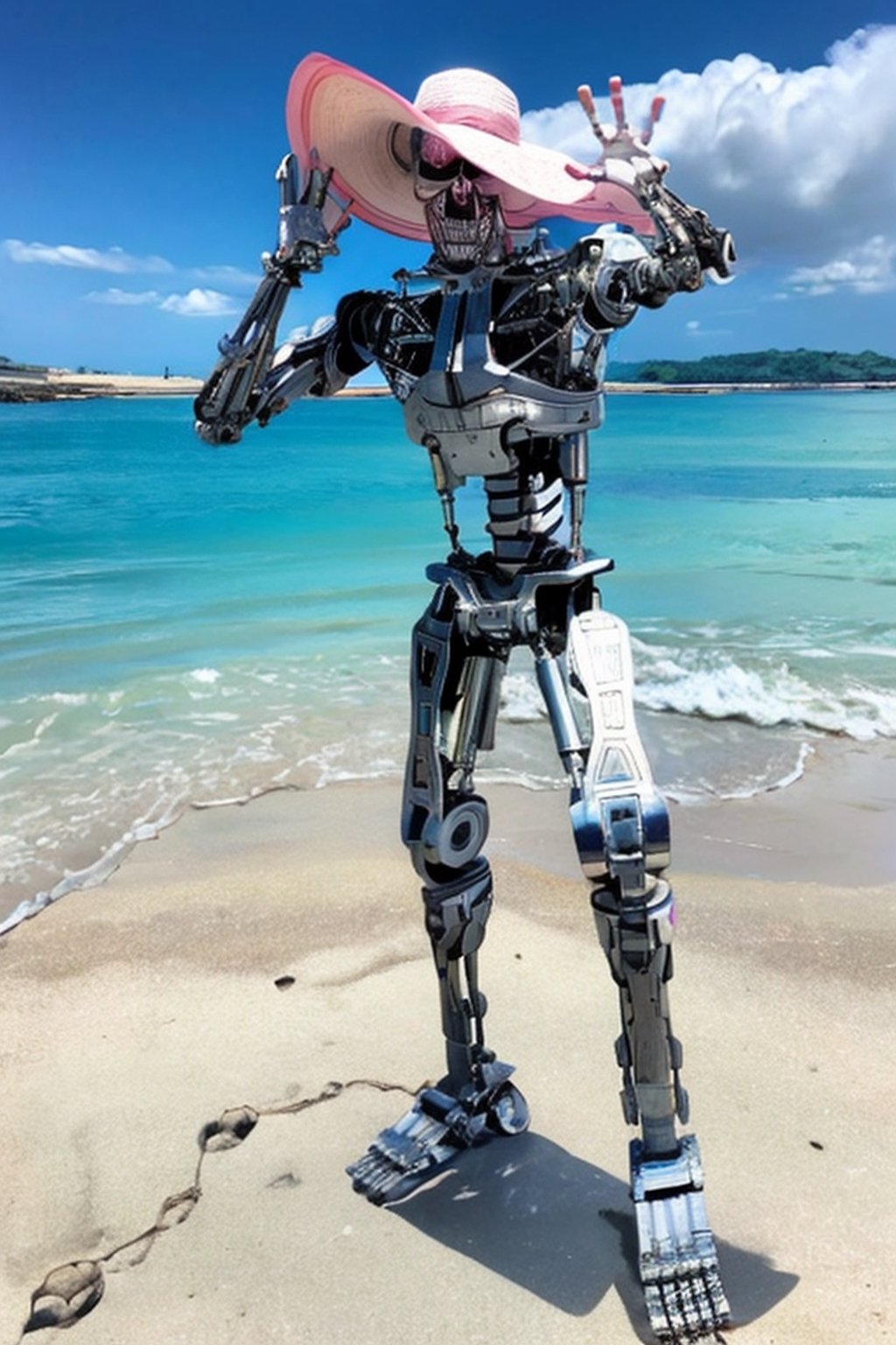 T800Endoskeleton, robot, ,skull face, chrome metal body, metal feet,  looking at camera, (wearing a large pink sunhat), sunglasses
standing, arm raised, waving, full body shot, 
outside, beach, blue sky, beautiful background,
hdr, extremely detailed, intense ambiance, lora:T800Endoskeleton:.8
