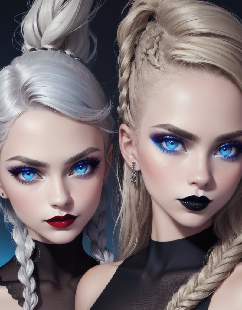 2girl, portrait, (cara delevingne:0.8), (1 girl silver hair, one braid, red lipstick, blue eyes), and (2 girl blonde, black lipstick, blue eyes)
