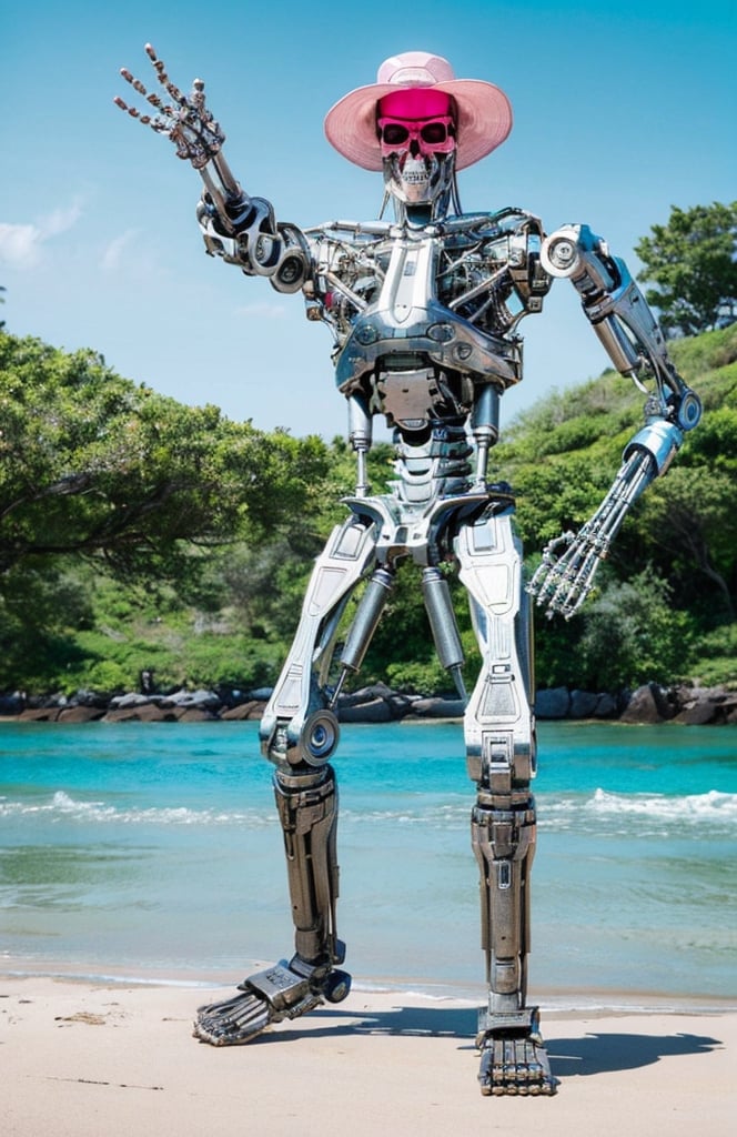 T800Endoskeleton, robot, ,skull face, chrome metal body, metal feet,  looking at camera, (wearing a large pink sunhat), sunglasses
standing, arm raised, waving, full body shot, 
outside, beach, blue sky, beautiful background,
hdr, extremely detailed, intense ambiance, lora:T800Endoskeleton:.8
