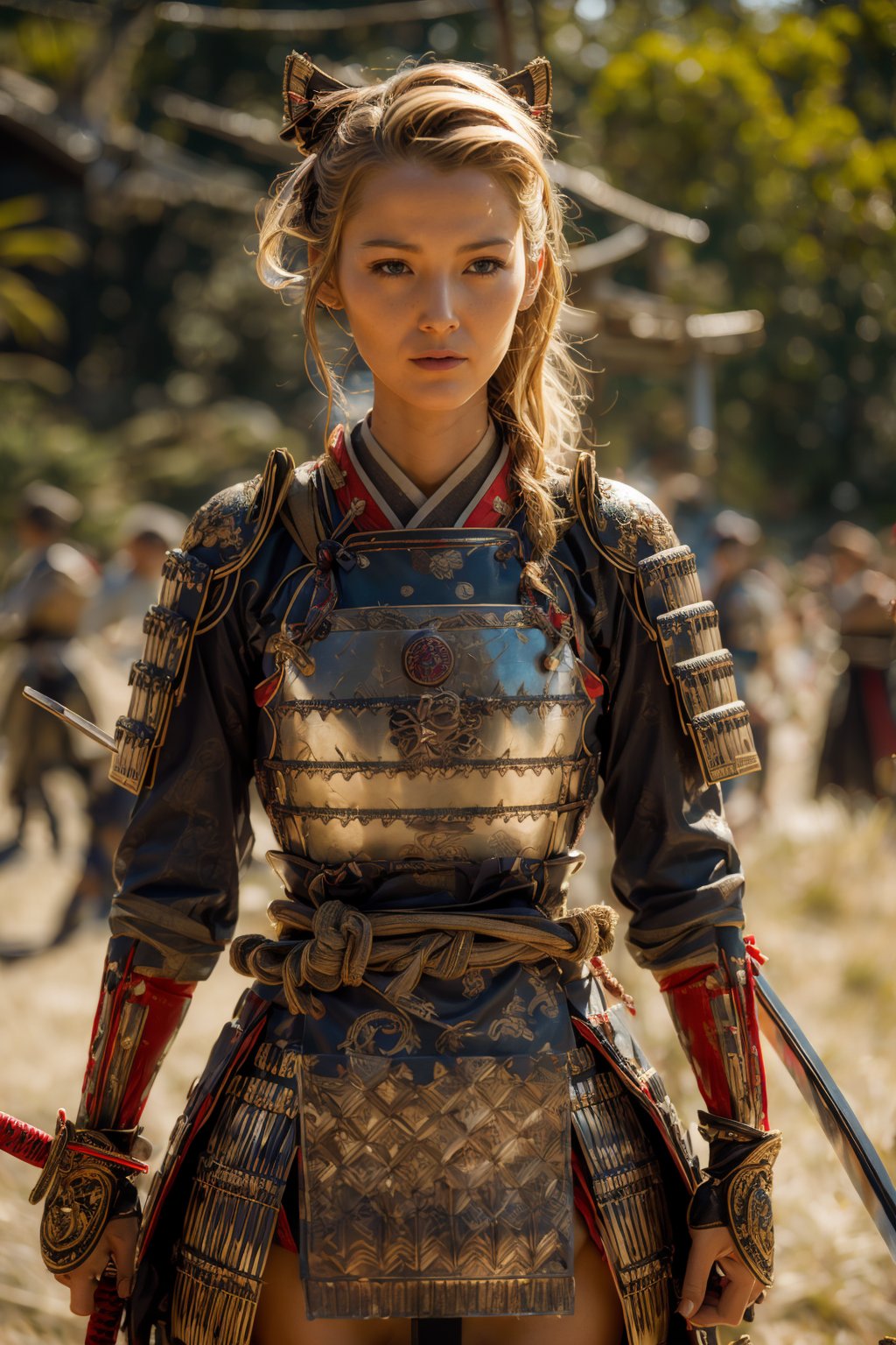 (extremely detailed,  realistic,  perfect lighting,  vibrant colors, intricate details, absurdres), (masterpiece,  high detailed skin:1.3), 1girl, thin body, petite, slim, light blonde hair, layered hair, full body view, {slender legs, tall body, soft curves, beautiful face, perfect body, ,embodying the spirit of a Samurai, with a backdrop of war,She wears traditional samurai armor adorned with intricate details,holding a katana with determination, fashion model, unforgettable beauty, looking in love, lifelike rendering, }
{ seducing, },