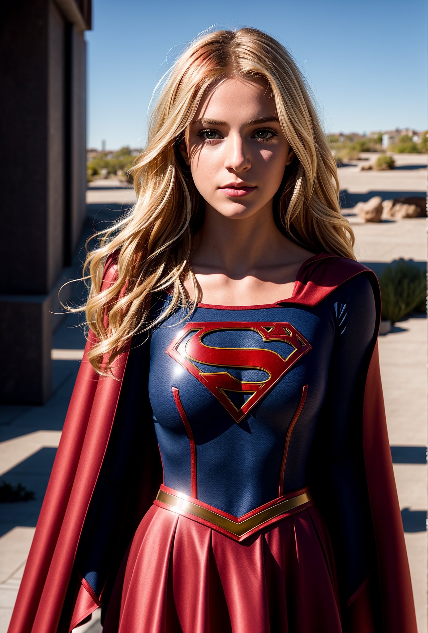 supergirl, hair blonde, skirt red, cape red, (Realistic),masterpiece,best quality,cinematic lighting,natural shadow,looking at viewer,Raw photo,8k,uhd,dslr,soft,lighting,high quality,film
grain,hyperrealismus,hyperrealistic,Atmospheric,Realistic Skin Texture,realistic hair details,ultra quality,best quality,Hyper Realism,
