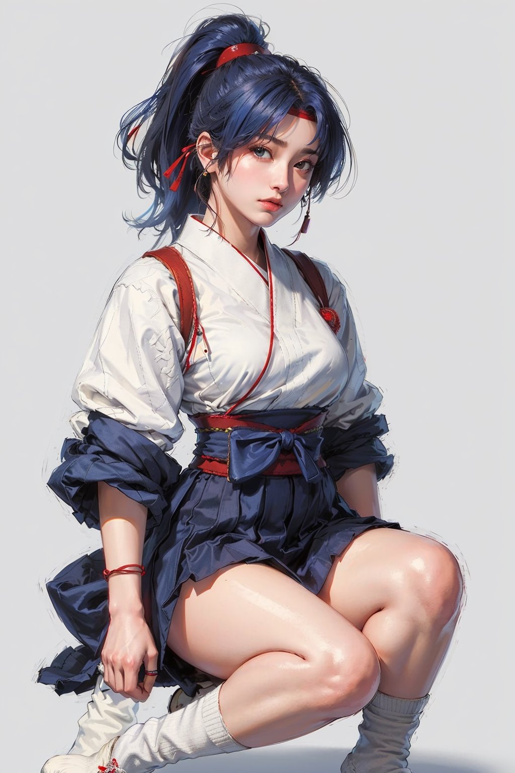 (masterpiece, top quality, best quality, official art, beautiful and aesthetic:1.2), (1girl:1.3), (fractal art:1.3),ponytail, hakama , (blue hakama skirt:1.3),japanese clothes,  headband,(white tabi:1.3),(white japanese socks:1.5),red belt, simple background, (Cinmatic:0.4) ,upper body, lora:kasumi-000009:0.8