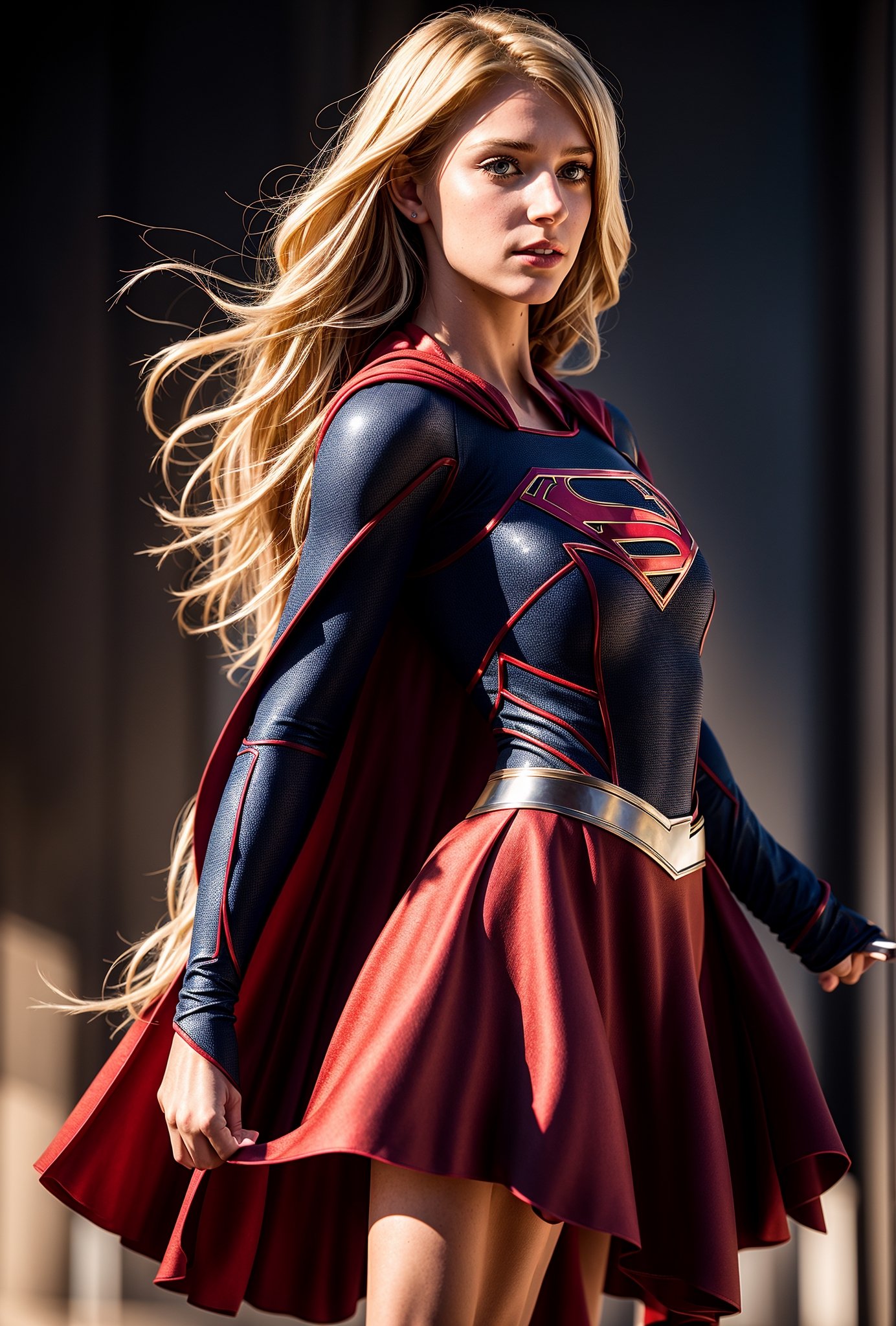 supergirl, hair blonde, skirt red, cape red, (Realistic),masterpiece,best quality,cinematic lighting,natural shadow,looking at viewer,Raw photo,8k,uhd,dslr,soft,lighting,high quality,film
grain,hyperrealismus,hyperrealistic,Atmospheric,Realistic Skin Texture,realistic hair details,ultra quality,best quality,Hyper Realism,
