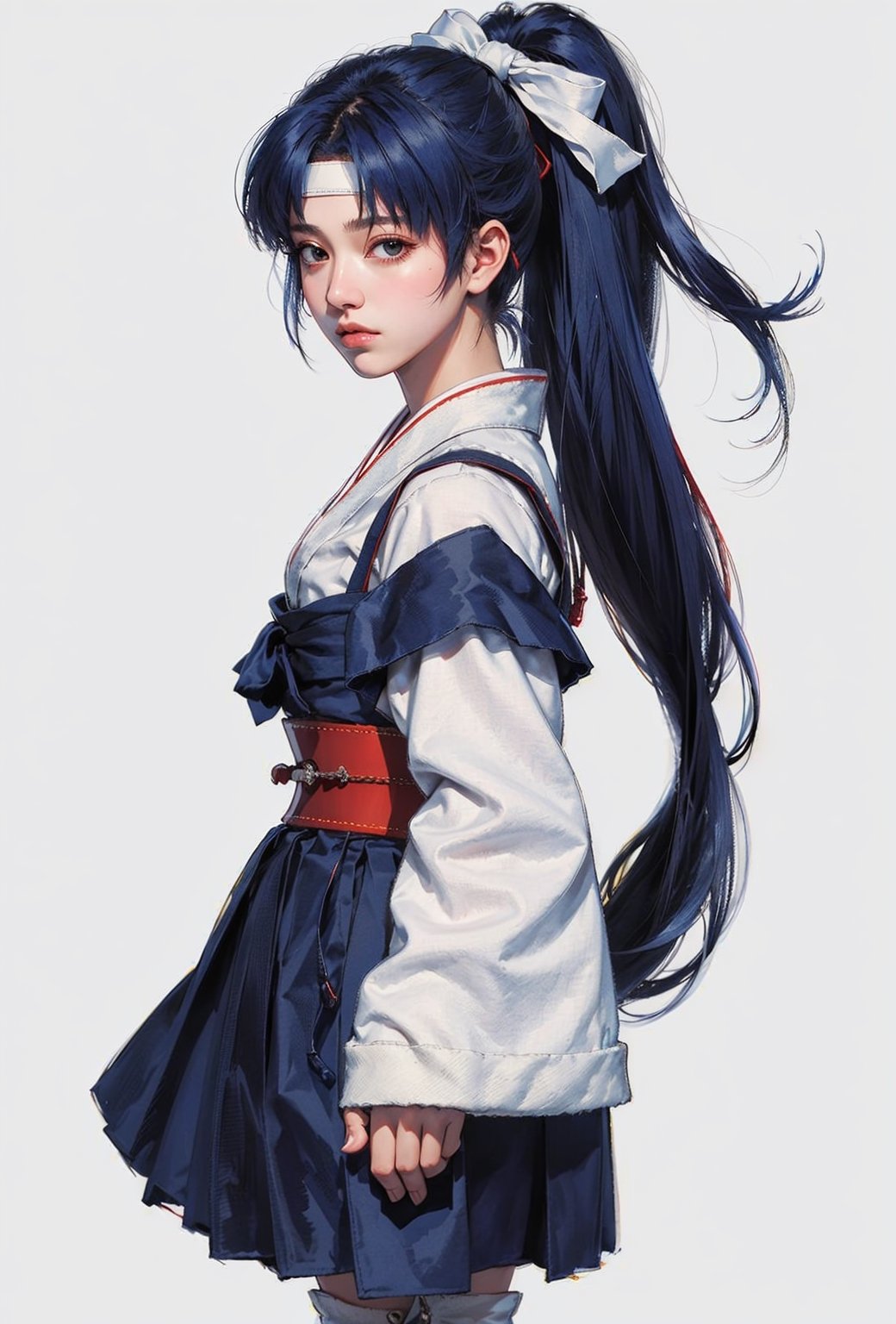 (masterpiece, top quality, best quality, official art, beautiful and aesthetic:1.2), (1girl:1.3), (fractal art:1.3),ponytail, hakama , (blue hakama skirt:1.3),japanese clothes,  headband,(white tabi:1.3),(white japanese socks:1.5),red belt, simple background, (Cinmatic:0.4) ,upper body, lora:kasumi-000009:0.8