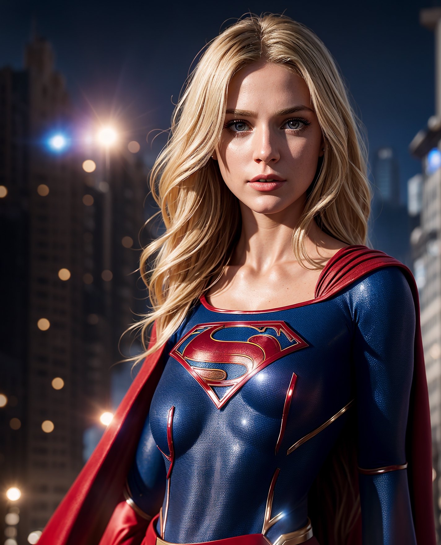 Supergirl, masterpiece realistic, beautiful face, eyes blue,  bodysuit hero, cape red long, skirt red, cape long, blonde hair, skin pores,  detailed, detailed face, (vibrant, photorealistic, realistic, dramatic, dark, sharp focus, 8k), (highly detailed:1.4), sharp focus,buildings, particles floating, dim light, trim light, two-tone lighting,
