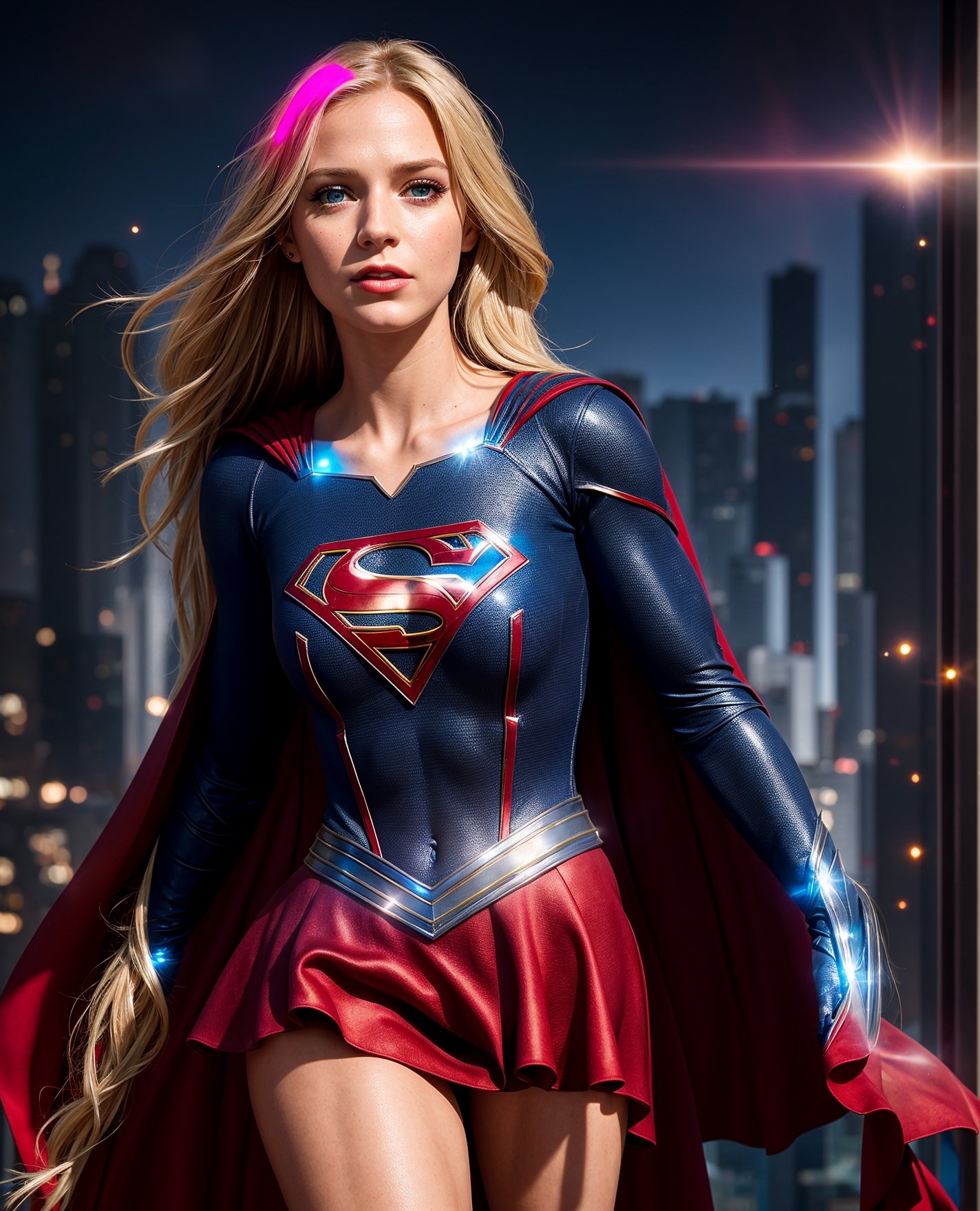 Supergirl, masterpiece realistic, beautiful face, eyes blue,  bodysuit hero, cape red long, skirt red, cape long, blonde hair, skin pores,  detailed, detailed face, (vibrant, photorealistic, realistic, dramatic, dark, sharp focus, 8k), (highly detailed:1.4), sharp focus,buildings, particles floating, dim light, trim light, two-tone lighting,
