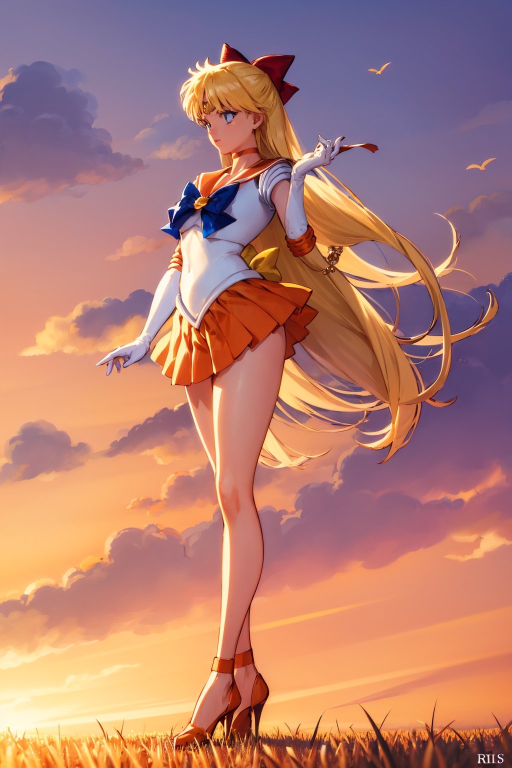 masterpiece, best quality, highres, sv1, sailor senshi uniform, orange skirt, elbow gloves, tiara, orange sailor collar, red bow, orange choker, white gloves, jewelry, full body, senset, wind, field, (1990s \(style\):0.9), sexy, standing, underwear