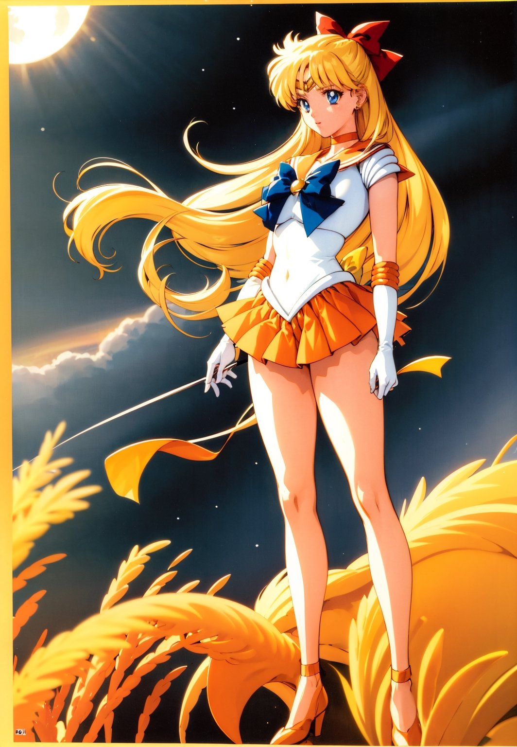 masterpiece, best quality, highres, sv1, sailor senshi uniform, orange skirt, elbow gloves, tiara, orange sailor collar, red bow, orange choker, white gloves, jewelry, full body, senset, wind, field, (1990s \(style\):0.9), sexy, standing, underwear