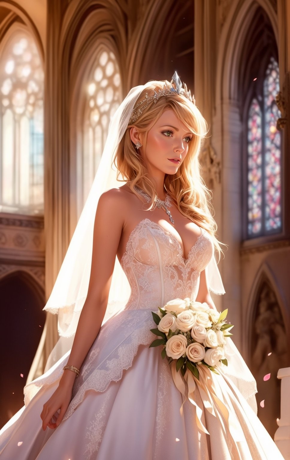 ethereal fantasy concept art of  adult woman, mythra \(xenoblade\),  age 30, best quality, high quality, highres, 4k, high detail, standing, blushing bride in ((exotic rich sumptuous wedding ballgown)), veil, tiara, delicate lace, ivory and white theme, stained class cathedral, rim lighting,lighting contrast, rose petal, godrays, romantic, bouquet, vaulted ceiling backdrop, detailed, 8k resolution,  . magnificent, celestial, ethereal, painterly, epic, majestic, magical, fantasy art, cover art, dreamy