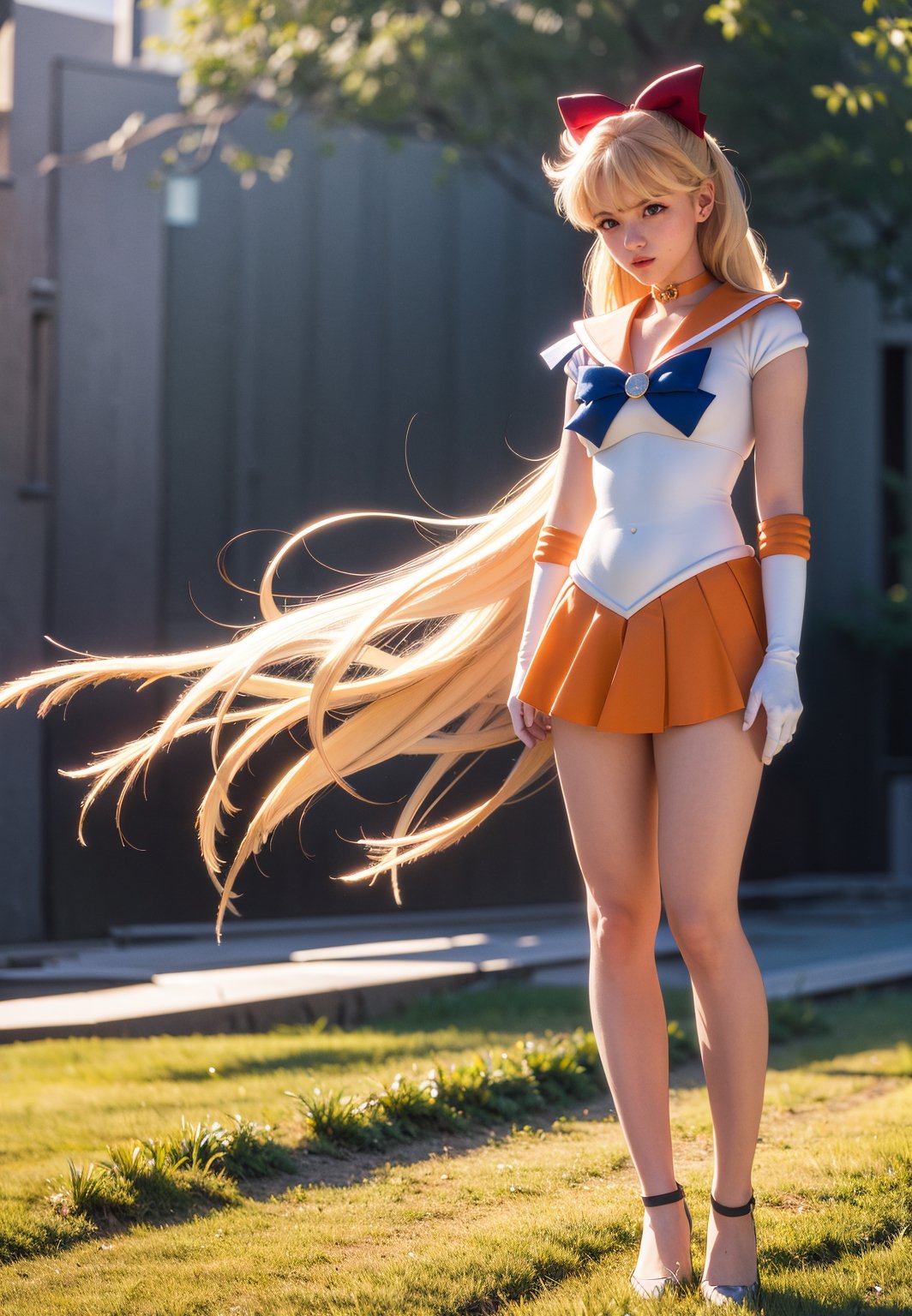 masterpiece, best quality, highres, sv1, sailor senshi uniform, orange skirt, elbow gloves, tiara, orange sailor collar, red bow, orange choker, white gloves, jewelry, full body, senset, wind, field, (1990s \(style\):0.9), sexy, standing, underwear