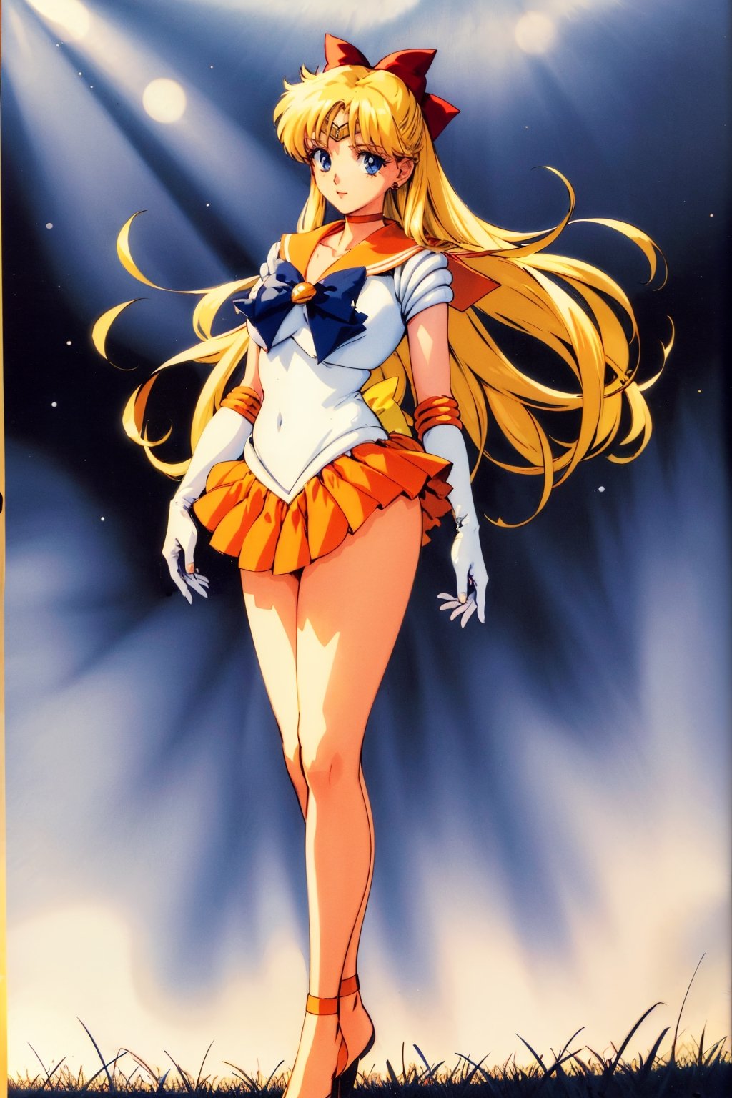 masterpiece, best quality, highres, sv1, sailor senshi uniform, orange skirt, elbow gloves, tiara, orange sailor collar, red bow, orange choker, white gloves, jewelry, full body, senset, wind, field, (1990s \(style\):0.9), sexy, standing, underwear