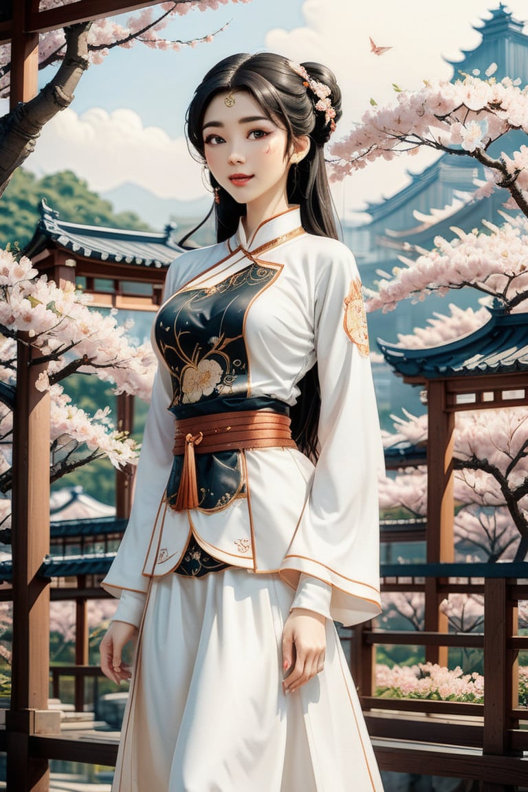 anime girl in full white outfit holding Japanese tshirt and wearing black skirt, in the style of traditional chinese painting, romantic fantasy, oil paintings, dark bronze and gray, cherry blossoms, serene faces, photo-realistic techniques ,midautumn_fes