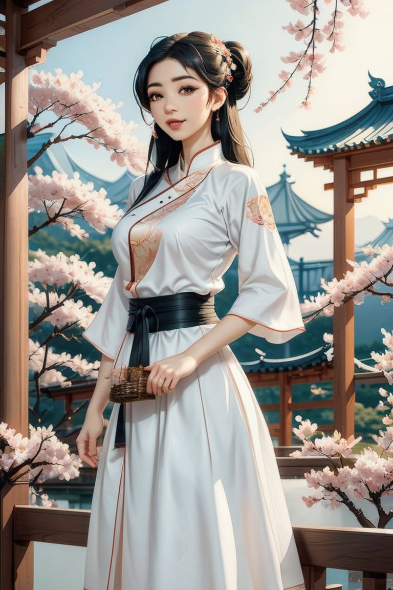 anime girl in full white outfit holding Japanese tshirt and wearing black skirt, in the style of traditional chinese painting, romantic fantasy, oil paintings, dark bronze and gray, cherry blossoms, serene faces, photo-realistic techniques ,midautumn_fes