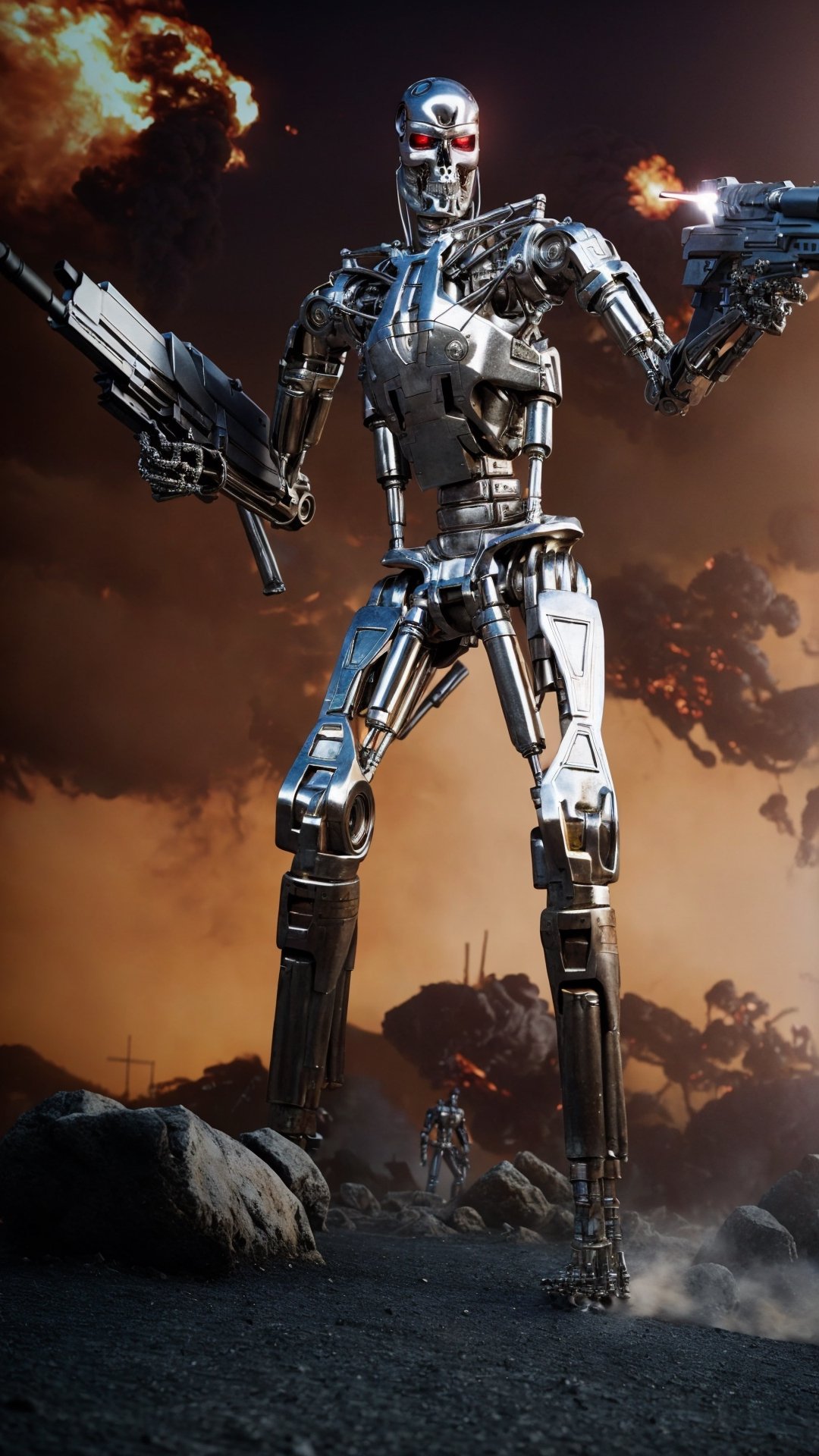 , (RAW photo, real life, absurdres, high quality, photorealistic, detailed, realistic:1.3), (solo:1.3), ((dynamic pose)), a high resolution photo of a T800Endoskeleton robot with red eyes and metal skull face and chrome metal body and holding a futuristic  gun, standing on a hill of skulls,  dark sky and smoke and explosions and robots and post apocalypse war in the background, cinematic, atmospheric, 8k, realistic lighting, shot by Hassleblad H6D, Zeiss, Kodachrome, nikon, 50mm 1.2 lens, Octane Render, ultra realistic, realistic lighting, photorealistic, photorealism, photoreal, unreal engine 5, Adobe After FX, highly detailed, intricate detail
