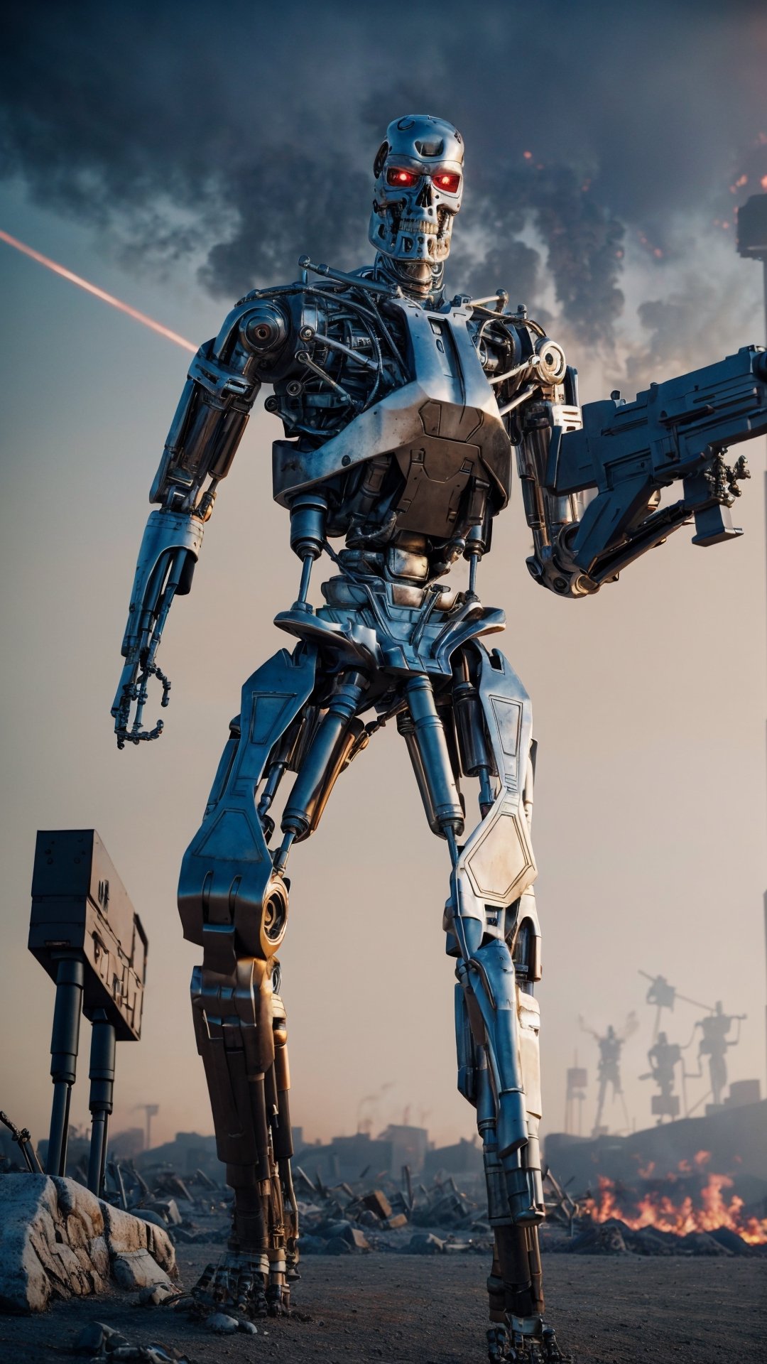 , (RAW photo, real life, absurdres, high quality, photorealistic, detailed, realistic:1.3), (solo:1.3), ((dynamic pose)), a high resolution photo of a T800Endoskeleton robot with red eyes and metal skull face and chrome metal body and holding a futuristic  gun, standing on a hill of skulls,  dark sky and smoke and explosions and robots and post apocalypse war in the background, cinematic, atmospheric, 8k, realistic lighting, shot by Hassleblad H6D, Zeiss, Kodachrome, nikon, 50mm 1.2 lens, Octane Render, ultra realistic, realistic lighting, photorealistic, photorealism, photoreal, unreal engine 5, Adobe After FX, highly detailed, intricate detail
