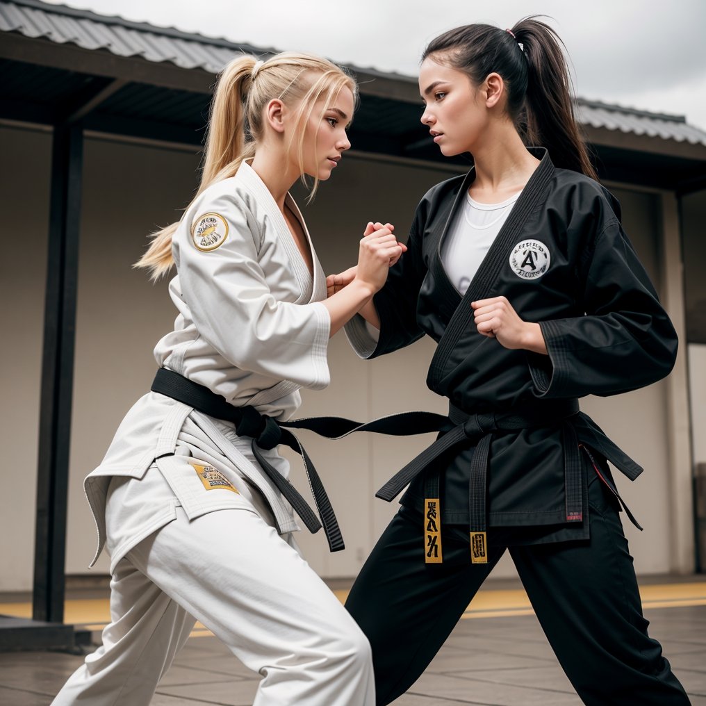 (glamour photography:1.2) two beautiful blonde girls fighthing with barehands, age 20, golden, long hair in a high ponytail and other girl with black hair, lora:karate_gi_v1:1, wearing karate gi with black belt, training karate ,full body framing , in martial arts school in the background, under overcast lighting, upper angle, shot on ARRI ALEXA 65 with ND filter, (in style of TimWalker:1.2),lora:polyhedron_all_eyes:0.2,
,karate gi