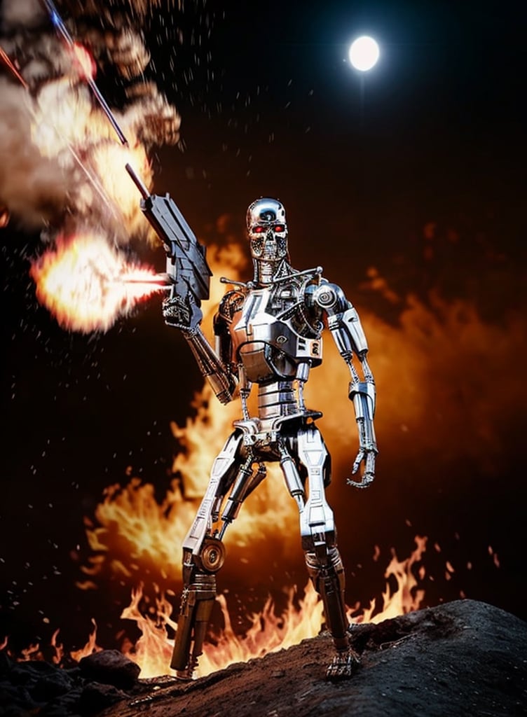 lora:T800Endoskeleton-10:0.8, (RAW photo, real life, absurdres, high quality, photorealistic, detailed, realistic:1.3), (solo:1.3), ((dynamic pose)), a high resolution comic book art photo of a T800Endoskeleton robot with red eyes and metal skull face and chrome metal body and holding a futuristic gun shooting lasers, standing on a hill of skulls,  dark sky and fire and flames and smoke and explosions and robots and post apocalypse war in the background, cinematic, atmospheric, 8k, realistic lighting, shot by Hassleblad H6D, Zeiss, Kodachrome, nikon, 50mm 1.2 lens, Octane Render, ultra realistic, realistic lighting, photorealistic, photorealism, photoreal, unreal engine 5, Adobe After FX, highly detailed, intricate detail
