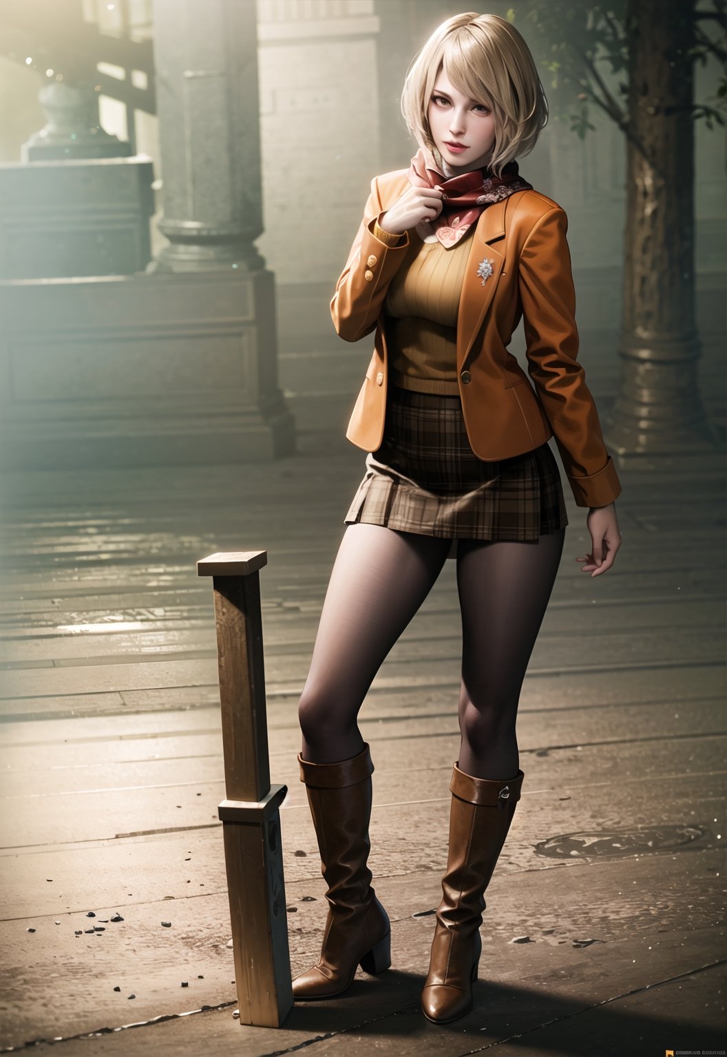 1girl, full body of re4ashley, orange jacket, scarf, black plaid skirt, pantyhouse, boots, athletic, dark forest, smoke, fog, volumetric lighting, best quality, masterpiece, intricate details, tonemapping, sharp focus, hyper detailed, trending on Artstation, realistic, lora:sxz-ashley-graham:0.6
,re4ashley