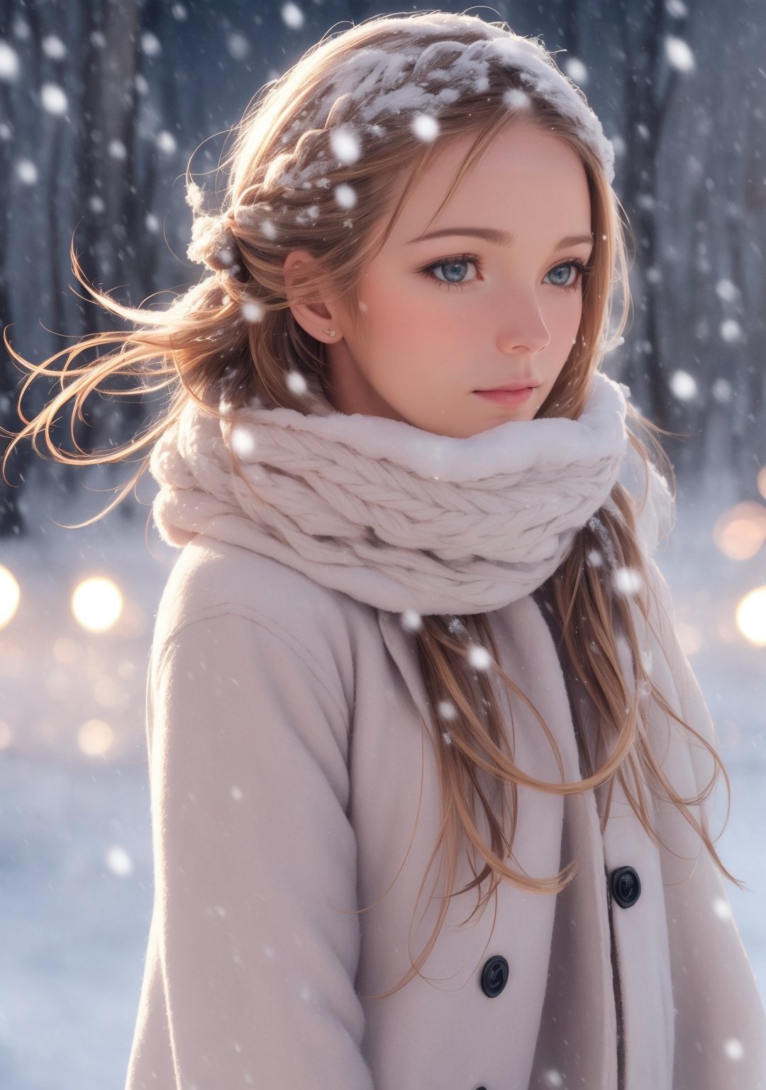 a beautiful woman, looking into camera, hair ribbons,
snowing, winter lights, ,photorealistic