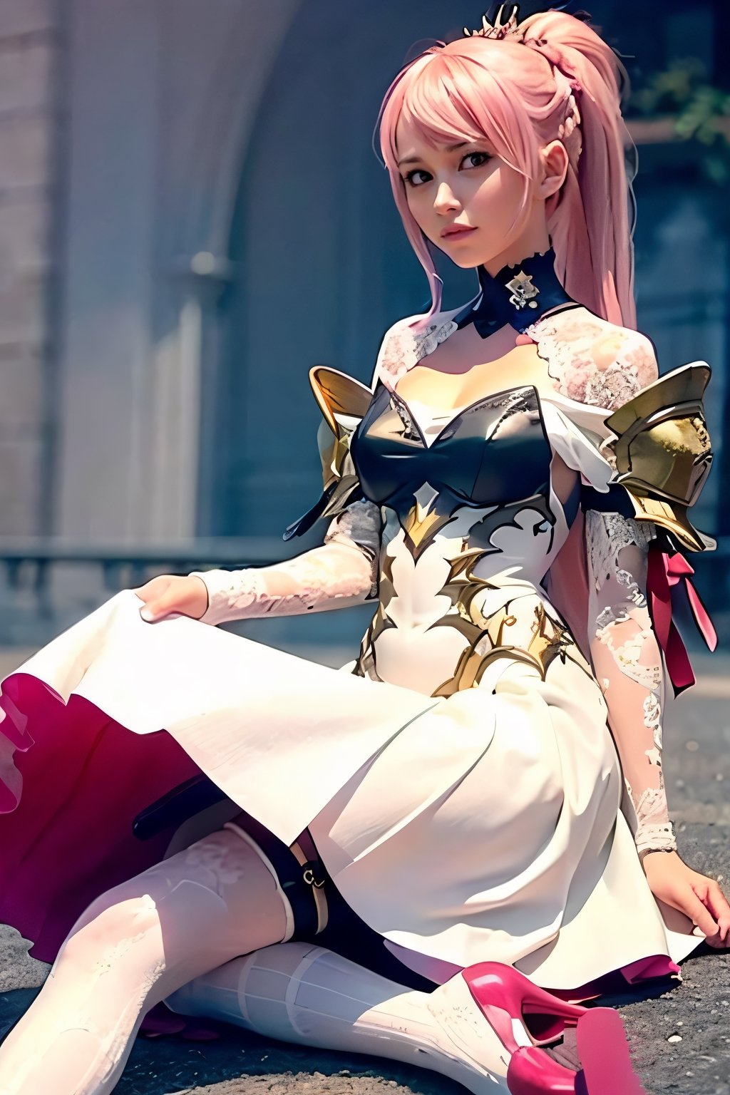 masterpiece, best quality,  shionne1, ponytail, 1girl, solo, shoulder armor, dress, (very long pink hair:1.4), thigh strap, white dress, cleavage, pauldrons, white thighhighs, medium breasts, bangs, detached sleeves, detailed face, IvoryGoldAI,  lora:shionne_(tales)_v1:0.7, lora:IvoryGoldAIv2:0.6
