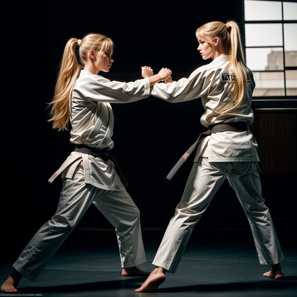 (glamour photography:1.2) two beautiful blonde girls fighthing with barehands, age 20, golden, long hair in a high ponytail and other girl with black hair, lora:karate_gi_v1:1, wearing karate gi with black belt, training karate ,full body framing , in martial arts school in the background, under overcast lighting, upper angle, shot on ARRI ALEXA 65 with ND filter, (in style of TimWalker:1.2),lora:polyhedron_all_eyes:0.2,
,karate gi