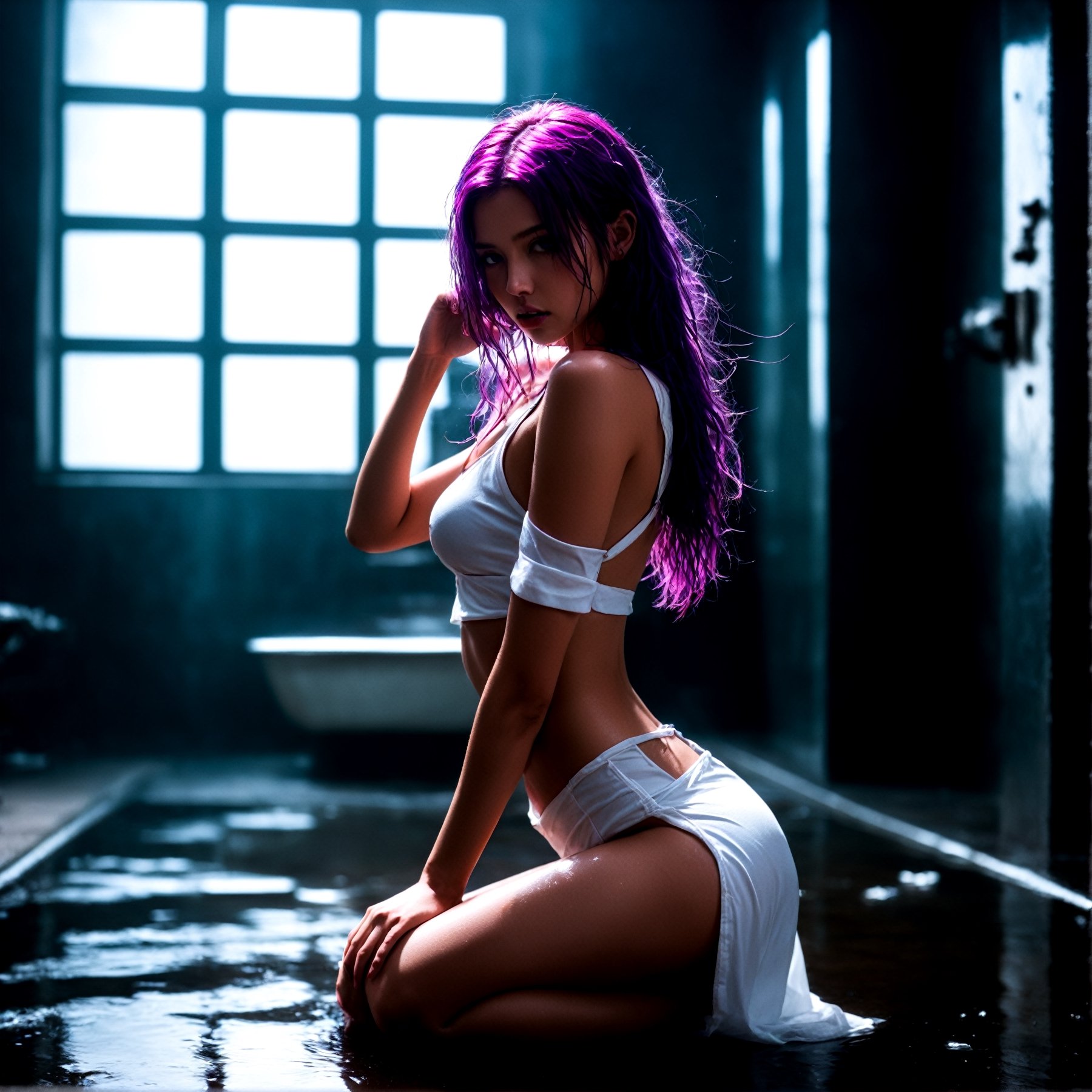 NSFW, Fashion photography portrait, full body, beautiful TWbabeXL01, purple hair, sweating, in a soak dirty white dress shirt with water, transparent, no bra, bottomless, no underwear, sexy look, wet body with sweats and water drops, wet hair, (lofi, analog), kodak film by Stephen Wayda, in an old and dark shower room, dirty water, neon, showering from ceiling, mirror in the back, light on face:1.2, dynamic poses, 1girl, floating hairs, (RAW photo:1.2), (photorealistic:1.4), (masterpiece:1.3), (intricate details:1.2), (24 years old female), sunny, ruins, petite, medium breasts, narrow waist, (looking_at_viewer:1.4), from_front, slim_legs, (best quality:1.4), (ultra highres:1.2), cinema light, (extreme detailed illustration), (lipgloss, eyelashes, best quality, ultra highres, depth of field, caustics, Broad lighting, shading, 85mm, f/1.4, ISO 200, 1/160s:0.75), cyberpunk interior, one storm trooper arm, In the background, a swirling vortex of energy seems to be brewing, lora:TWbabeXL01:0.7
