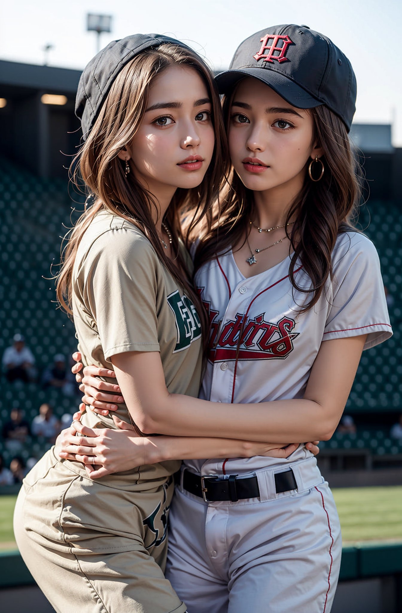 2girl, twin sisters, closed hug, 22 years old koren woman,
necklaces and earrings,
baseball cap,
glossy brown short hair,
a tight baseball uniform
a half-body shot,
Baseball stadium background,
natural lighting on one's face, 
tamannah bhatia,hf_Alexandra_Nagy-20,Detailedface,Detailedeyes,hug